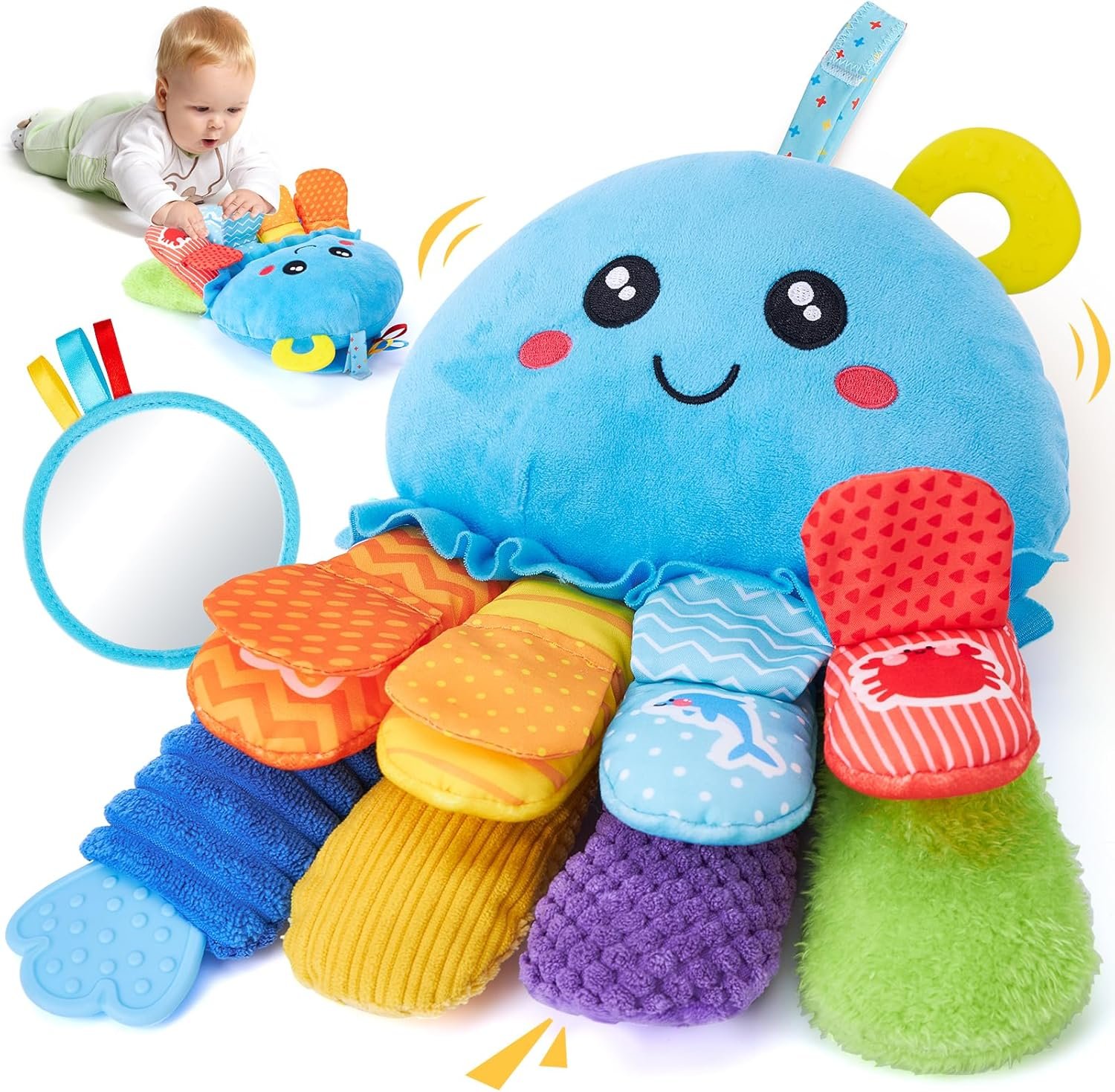hahaland 8-in-1 Baby Sensory Tummy Time Toys 3-6 Months Developmental Infant Toys 0-6 Months, Newborn Baby Toys for Boy Girl Gift Montessori Rattle Teething Octopus Toy