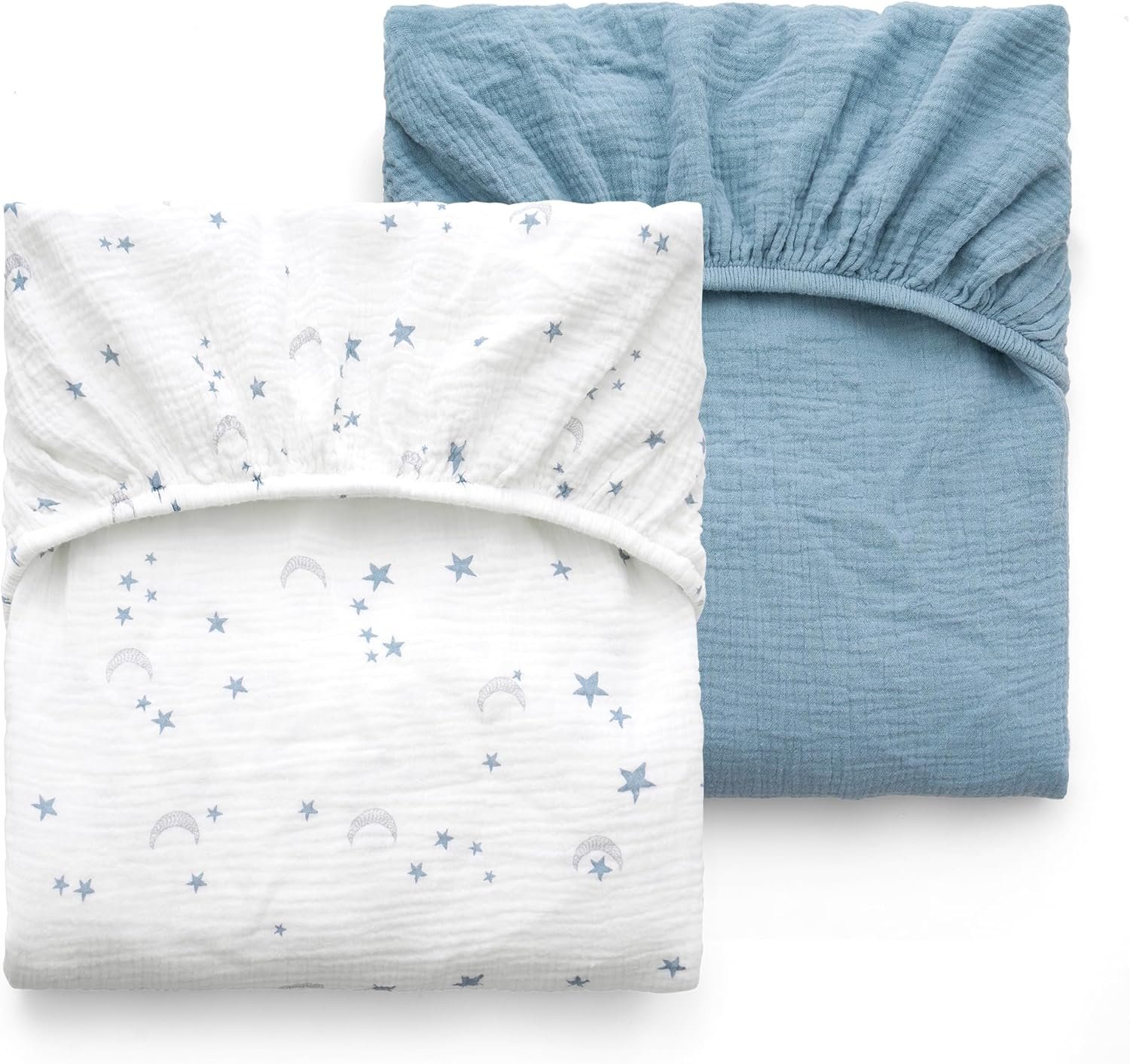 Momcozy Muslin Standard Fitted Crib Sheets, 52"x28", 2 Pack Soft Breathable Natural Cotton Baby Mattress Sheet, 360° Mattress Wrapping No Slip Boys Girls Neutral Toddler Bed Sheet, Blue Star Moon