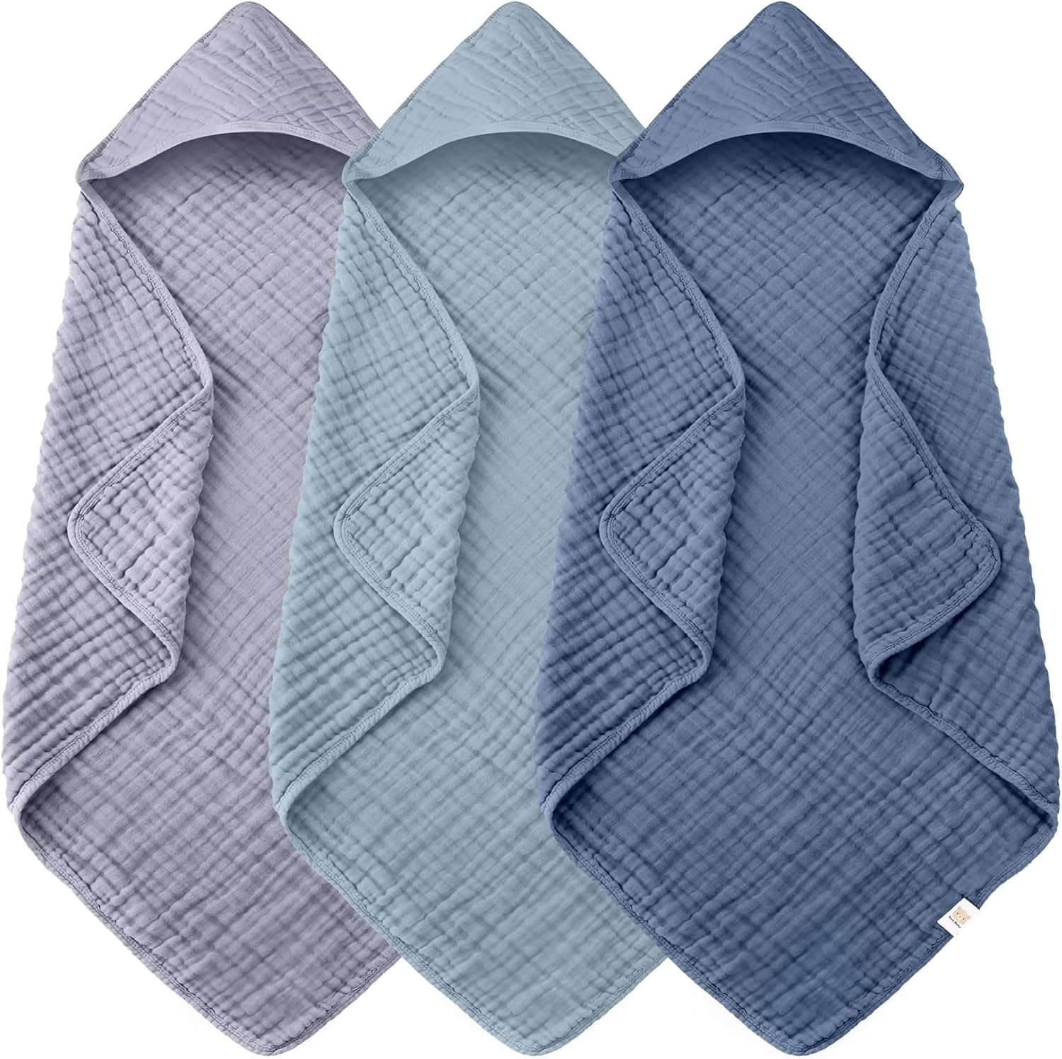 Ease Cubs 3-Pack Muslin Hooded Baby Towels, 100% Cotton, Ultra-Soft & Absorbent Baby Bath Towels with Hood for Babies, Infant, Toddler and Newbron (Grey and Navy Blue Series,32" x 32")