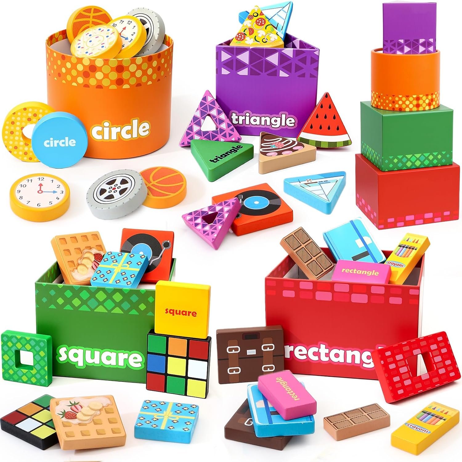 Atoylink Montessori Toys Shape Sorter for Toddlers, Wooden Stacking Blocks Nesting Boxes Baby Everyday Objects Shape Sorting Toys Matching Games, Preschool Learning Toys for 1 2 3 Year Old Boys Girls