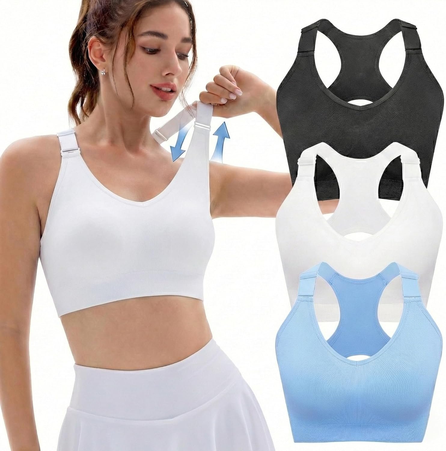 FITTIN Racerback Sports Bras for Women: High Support 3 Pack Adjustable Padded Full Coverage for Gym Workout - for Large Bust