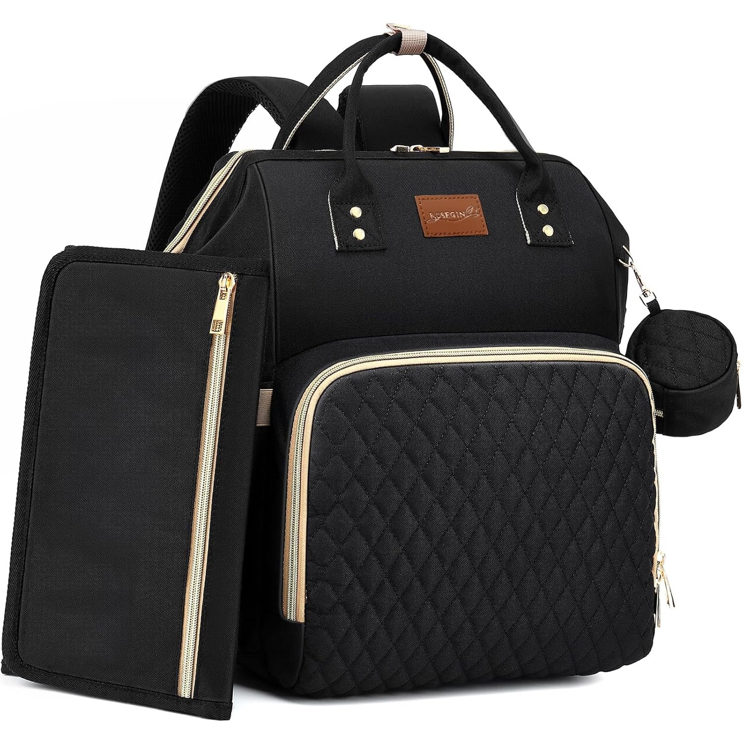 ROSEGIN Diaper Bag Backpack with Changing Pad Pacifier Case, Baby Bag for Boy Girl Toddler - Large,Stylish, Waterproof Travel Quilted Diaper Bag for Mom - Baby Shower Gifts, Black
