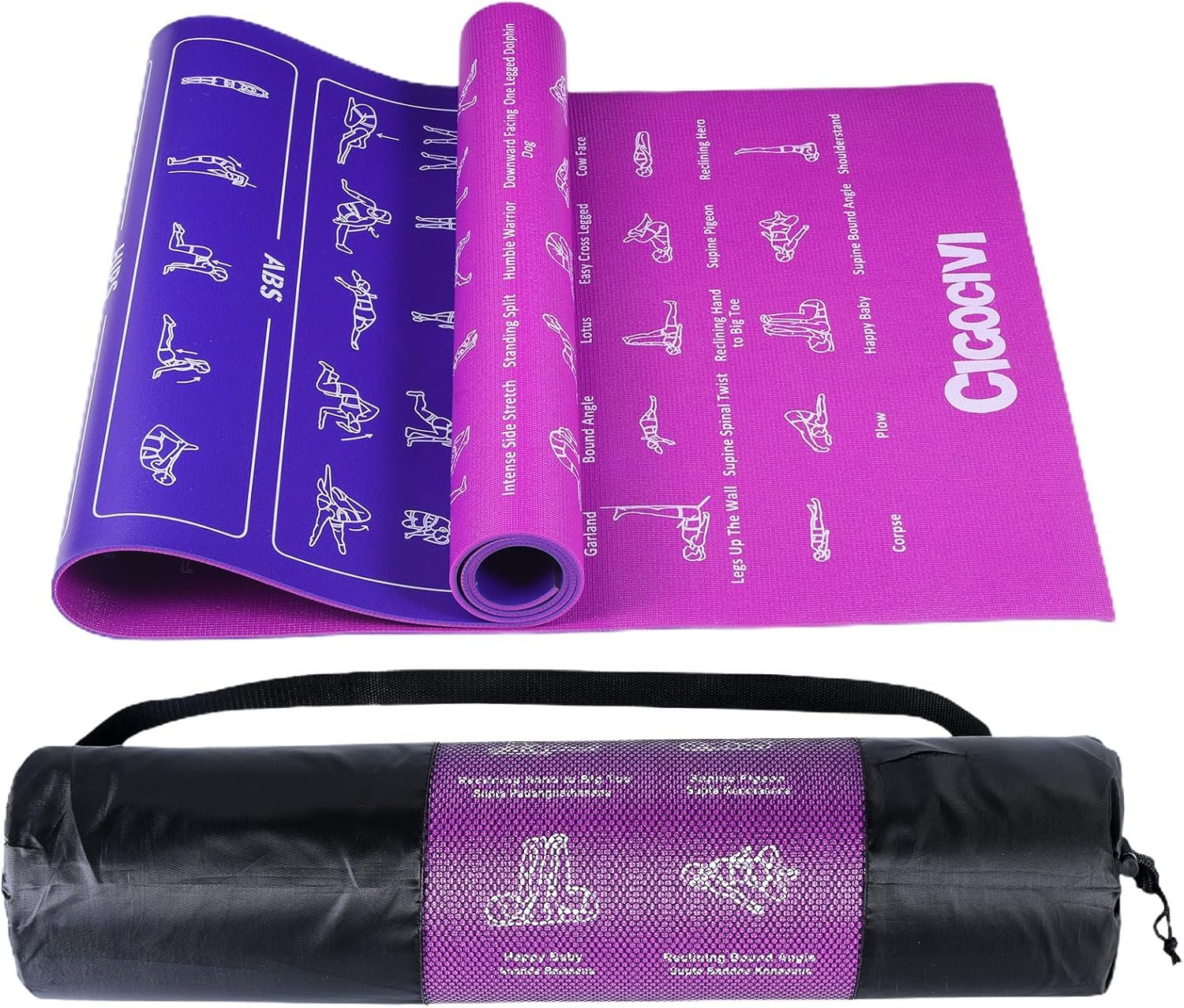 Instructional Travel Yoga Mat with 75 Poses & Exercises - Christmas Gifts for Wife and Girls, Non-slip Exercise Mat for Home Workout, Includes Carrying Bag, 68"x24"x0.25"