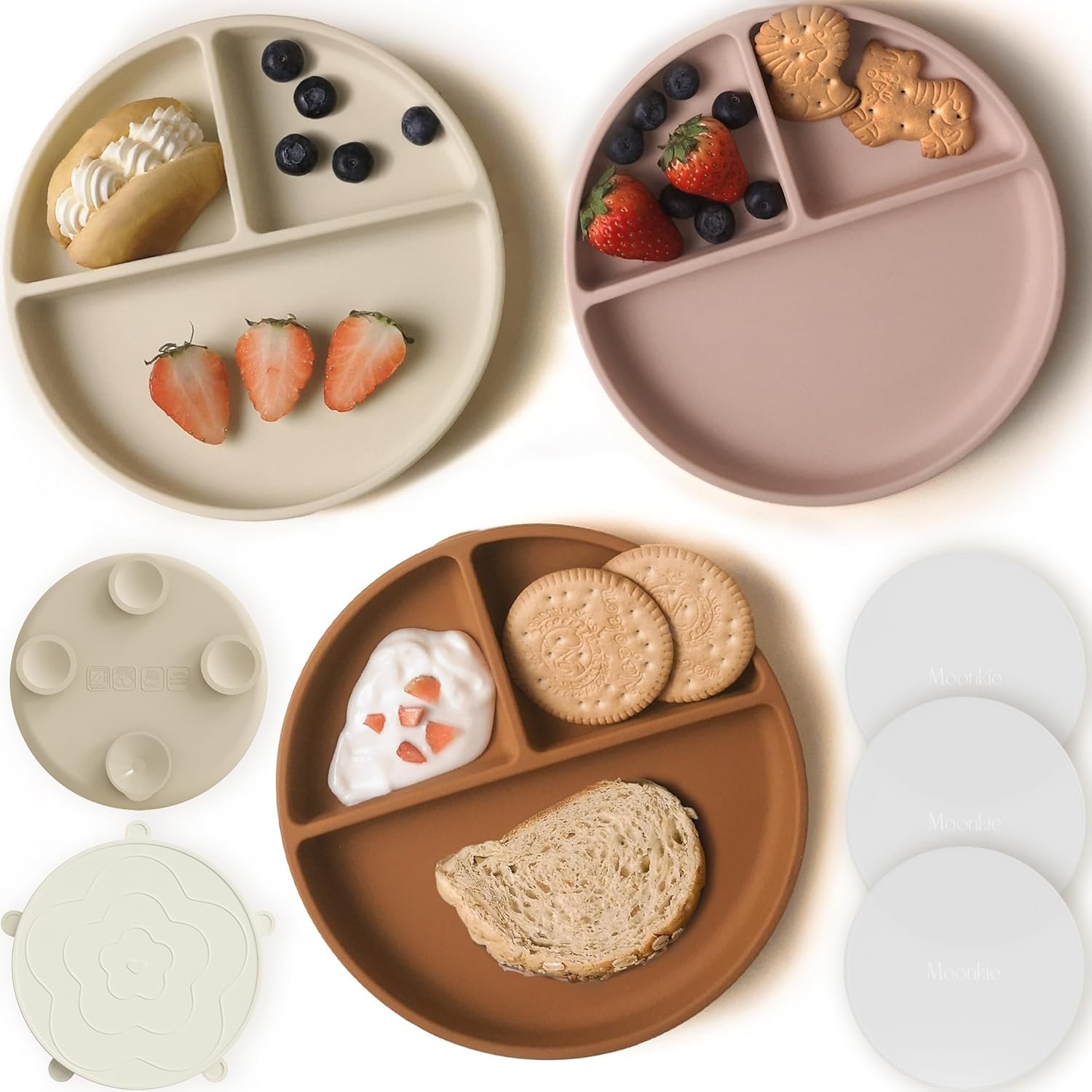 Moonkie Suction Plates for Baby | 100% Silicone BPA-Free Baby Plates with Lids and Food Cover | Divided Design | Microwave and Dishwasher Safe | Toddler Plates 3 Pack