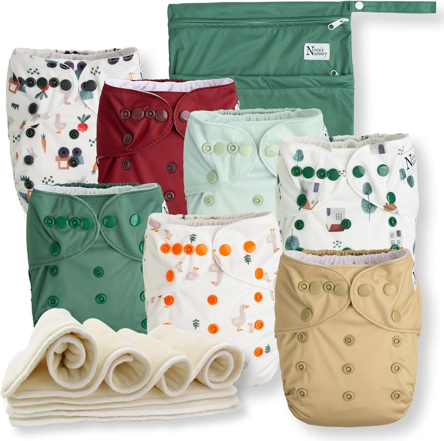 Nora's Nursery Cloth Diapers 7 Pack with 7 Inserts & 1 Wet Bag - Waterproof Cover, Washable, Reusable & One Size Adjustable Pocket Diapers for Newborns and Toddlers - On the Farm