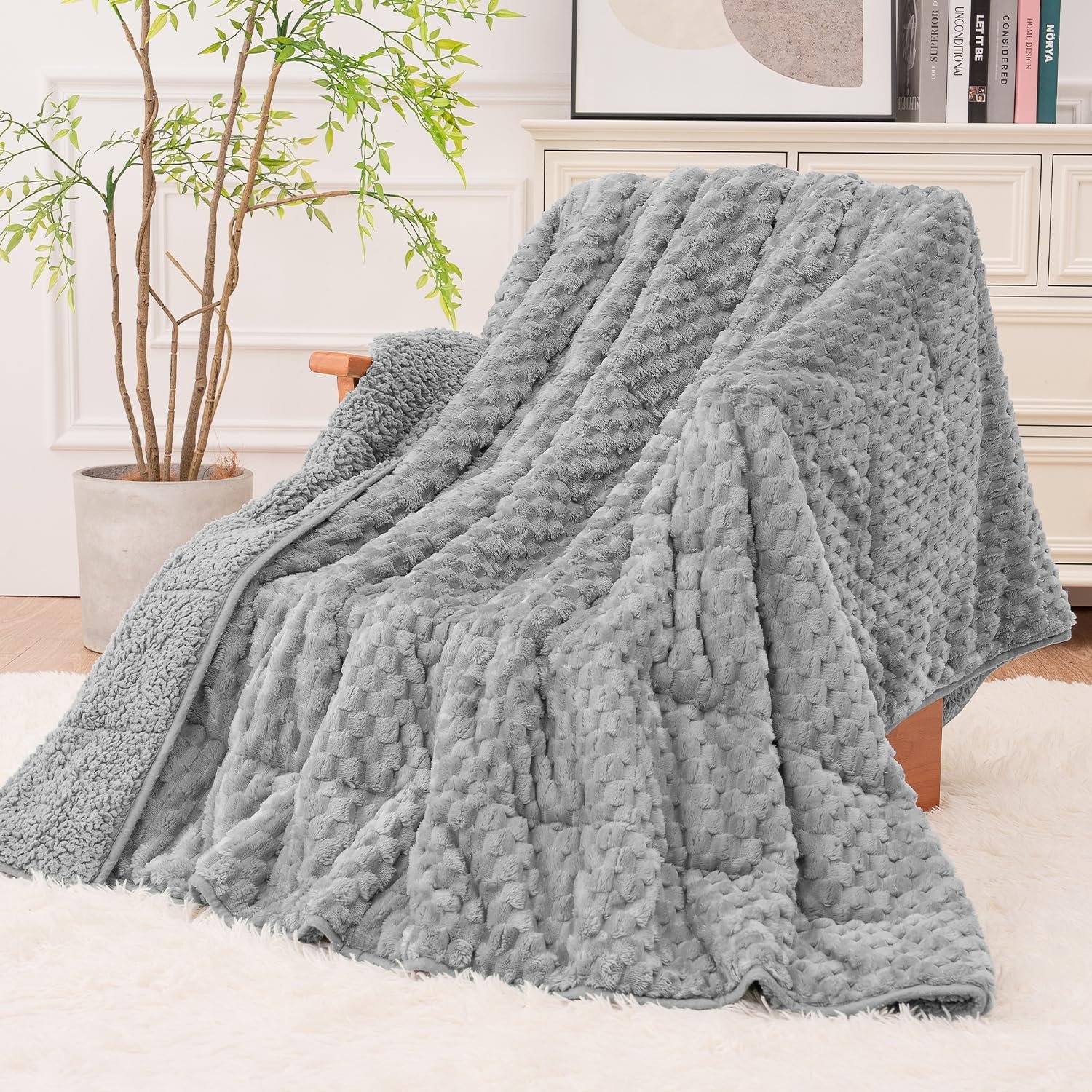 Super Fuzzy Soft Fleece Sherpa Weighted Blanket 15 lbs for Adults, 3D Imitation Turtle Shell Luxury Weighted Throw for Better Sleep, Dual Sided Cozy Heavy Blankets for Couch Bed, Grey, 48" x 72"