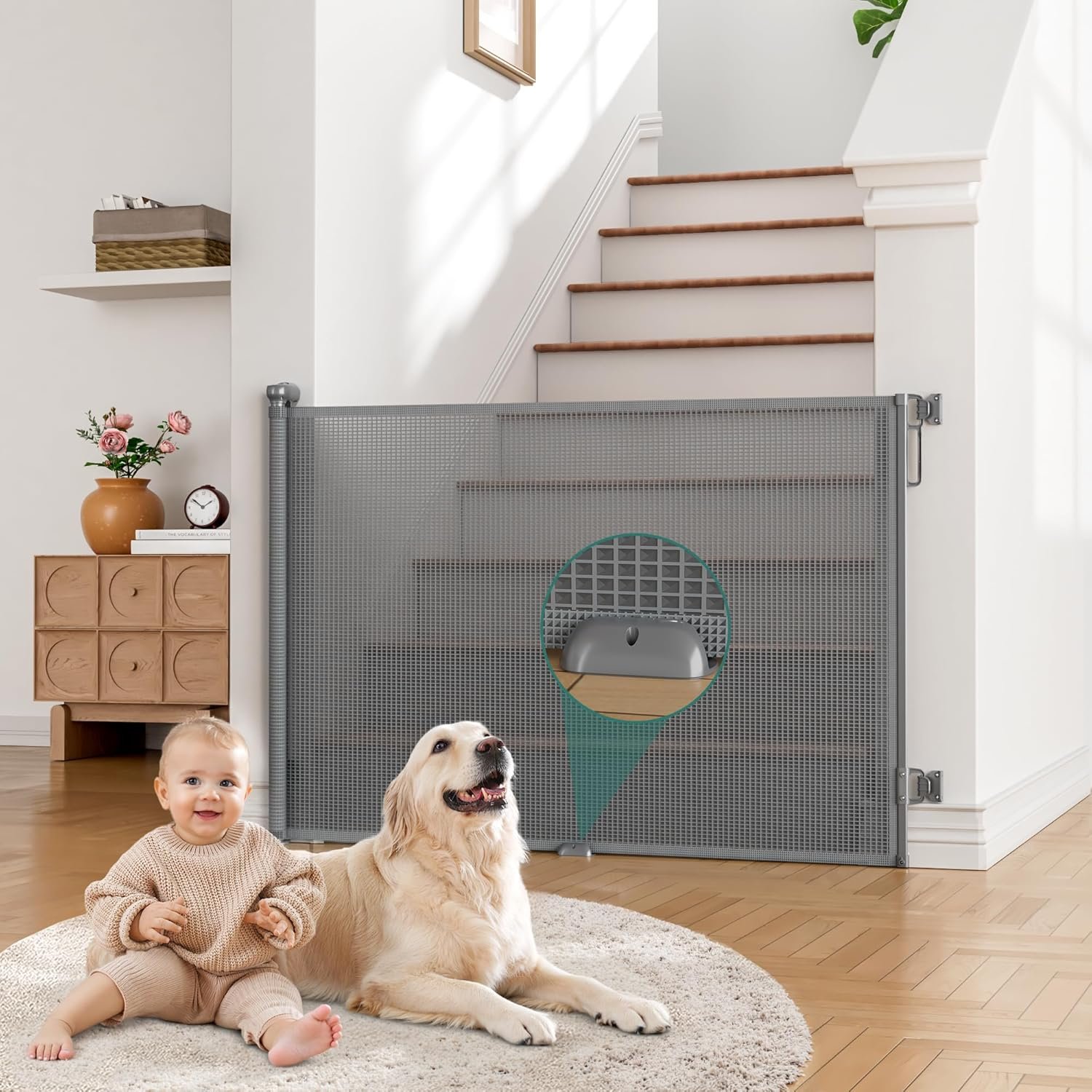 Babepai Retractable Baby Gates Extra Wide | 55" Wide x 34" Tall Dog Gates for Stairs | Indoor/Outdoor Use | Child Gates for Doorways, Deck, Porch, Hallways, Patio - Gray