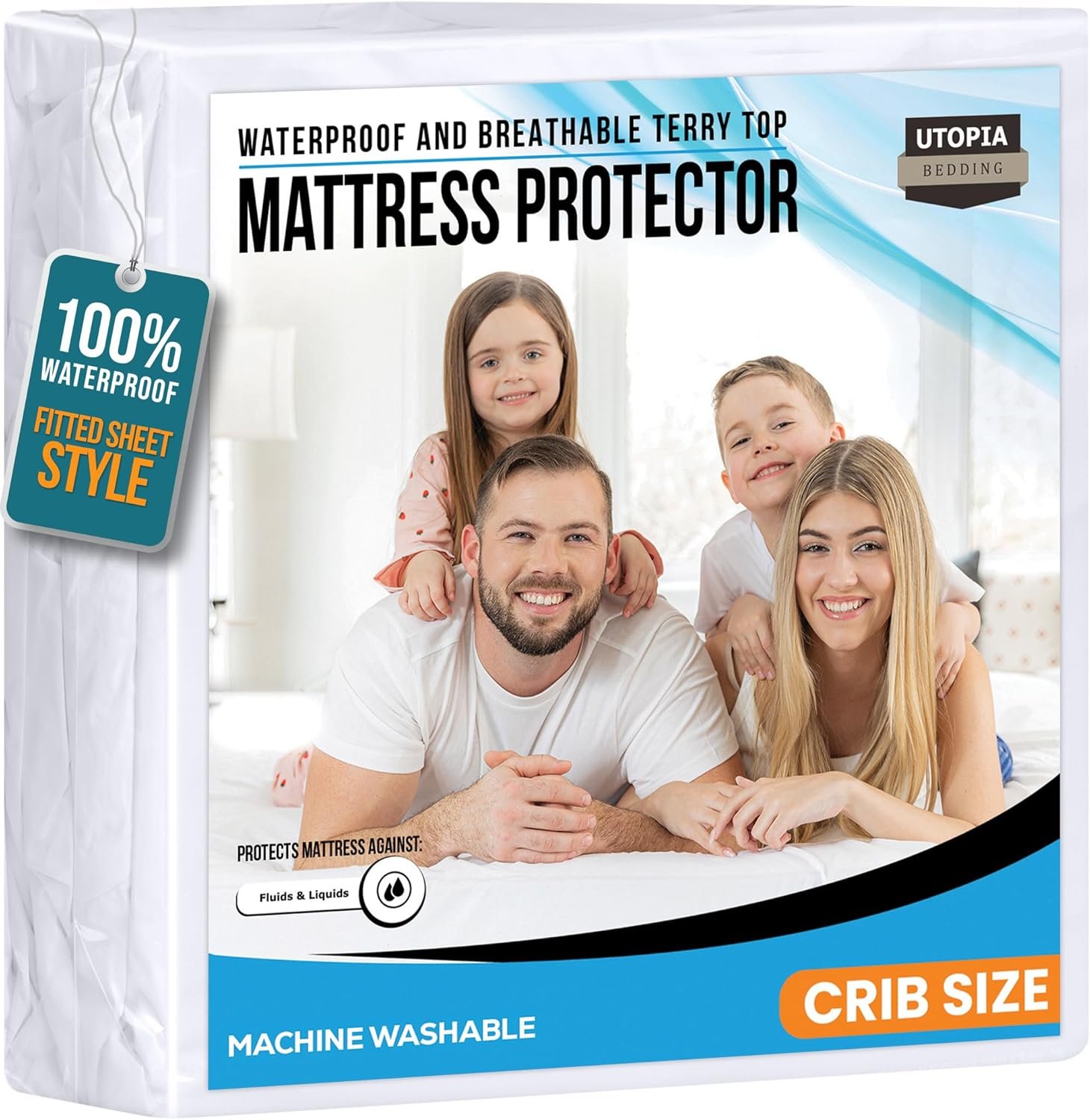 Crib Size Mattress Protector Waterproof, Premium 200 GSM Terry Mattress Cover, Soft & Breathable Bed Cover, Fitted Sheet Style Stretchable Deep Pockets 5" by Utopia Bedding (White)