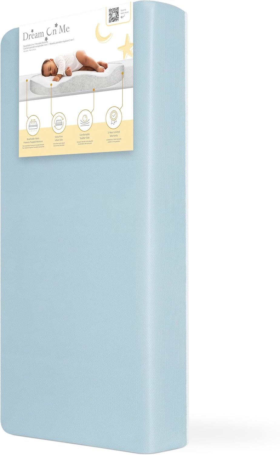 Dream On Me Snuggles Extra Firm Dual-Sided Baby Crib Mattress with Breathable Fabric, Water & Odor Resistant, GREENGUARD Gold Certified, Fits Mini & Portable Cribs (38”x 24”x 3”) - Blue Mist