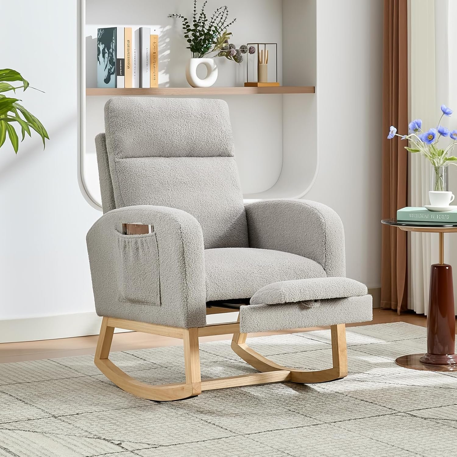GarveeLife Nursery Rocking Chair,300lb Glider Chair with Solid Wood Legs/Two Side Pockets,Teddy Upholstered Glider Rocker with Footrest High Backrest for Living Room/Bedroom/Nursery
