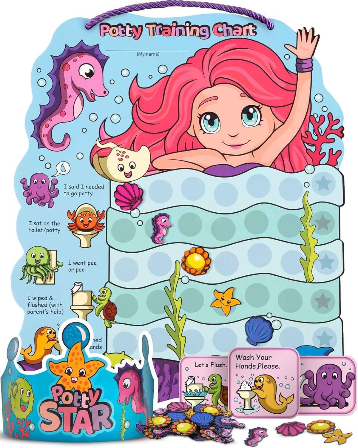 PUTSKA Potty Training Reward Chart for Girls with 35 Reusable Stickers – Potty Chart for Toddlers Girls - Reward Chart for Kids for Toilet Success - Mermaid
