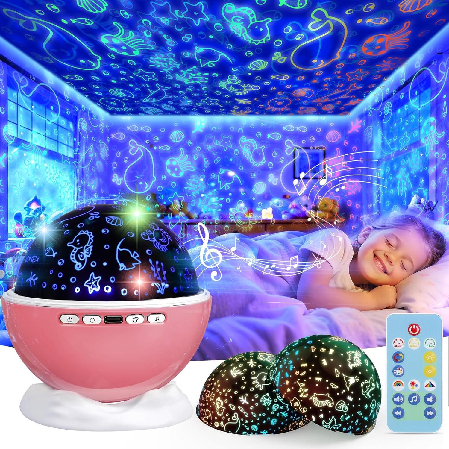 Night Light Projector for Kids Room with Remote and Timer, 360 Rotation, 3 Projection Films, 18 Light Modes, 8 Lullaby Songs, Kids Room Light Projector Lamp Rechargeable, Birthday Gifts for Boys Girls