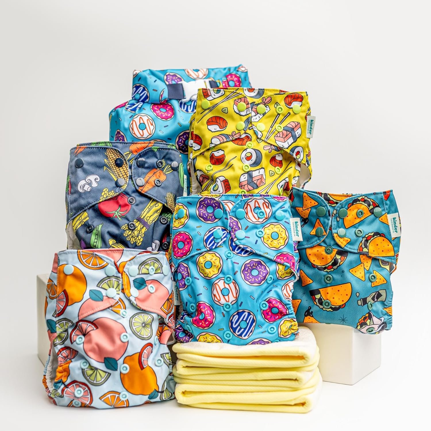 Kinder Cloth Diapers Set of 5 Reusable Baby Diapers Pocket Style Athletic Wicking Jersey, Bamboo Viscose Inserts, Wet Bag, Newborn to Potty Training 7-60lbs, One Size (Foodie)