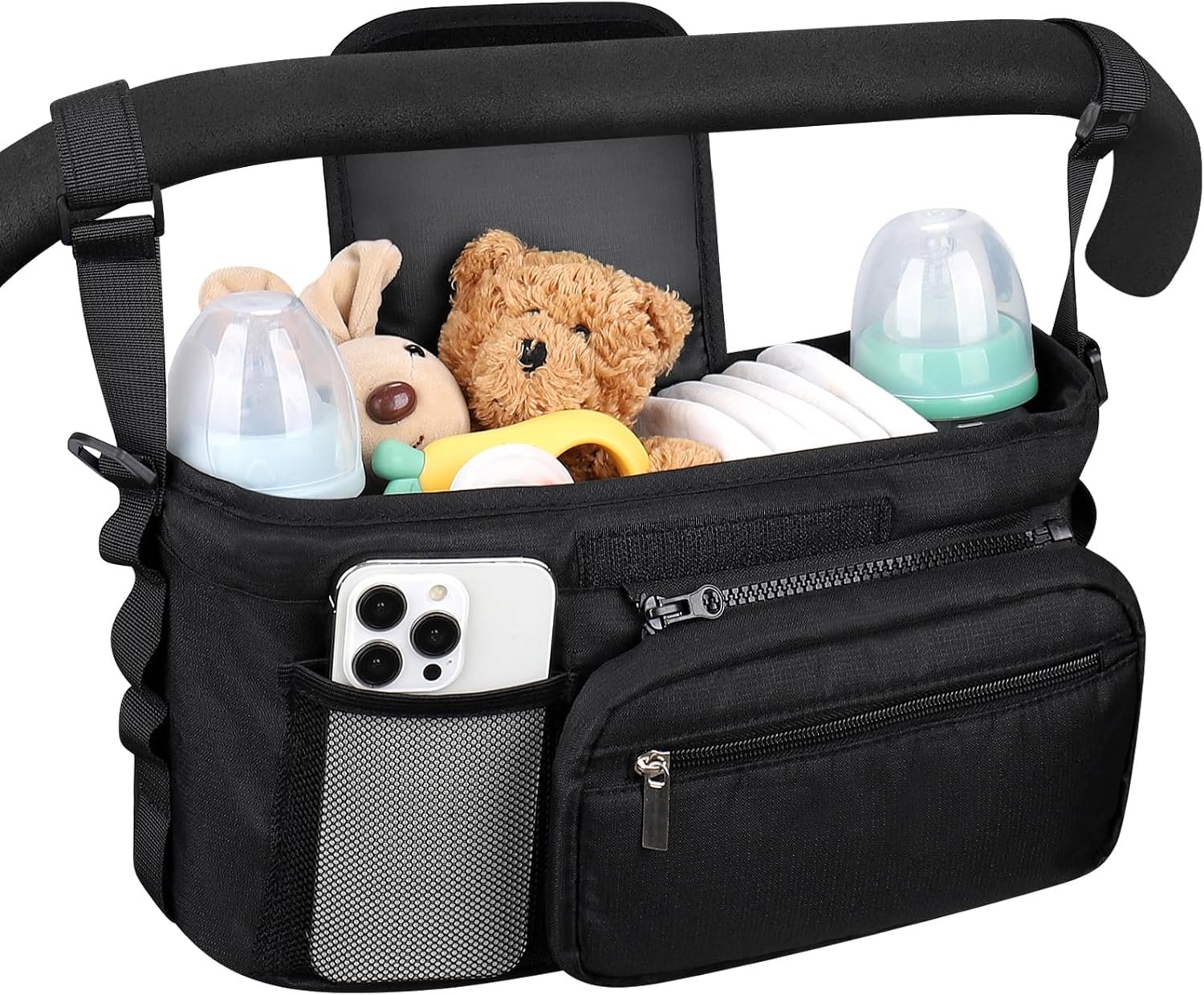 Accmor Universal Stroller Organizer, Stroller Caddy Bag with Cup Holder Detachable Phone Bag and Shoulder Strap, Stroller Organizer for Uppababy, Baby Jogger, Britax Strollers Accessories