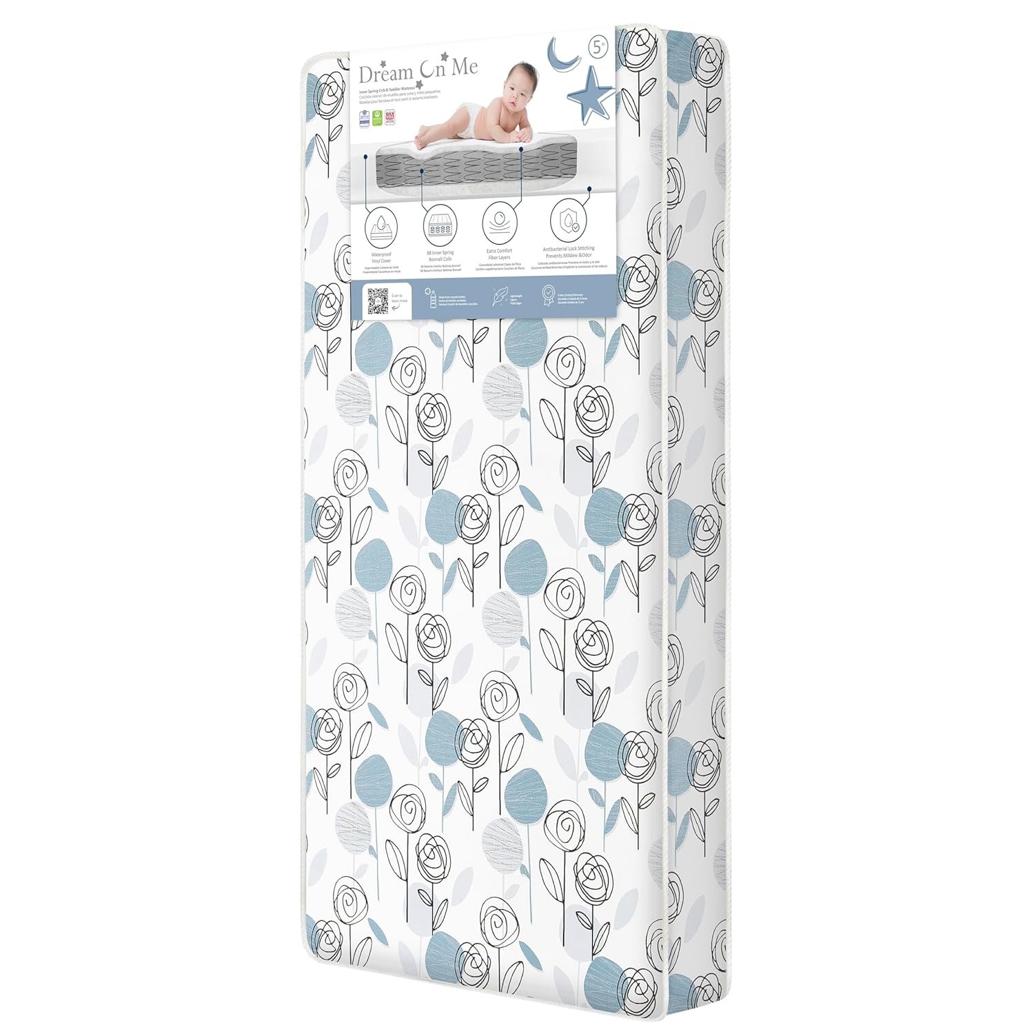 Dream On Me Nap Nest Crib and Toddler Mattress, Dual-Sided - Infants & Toddlers, Waterproof 5” Mattress with 88 Interwoven Coils, 75% Recycled Fiber, GREENGUARD Gold & BSA Certified – Teal Flowers