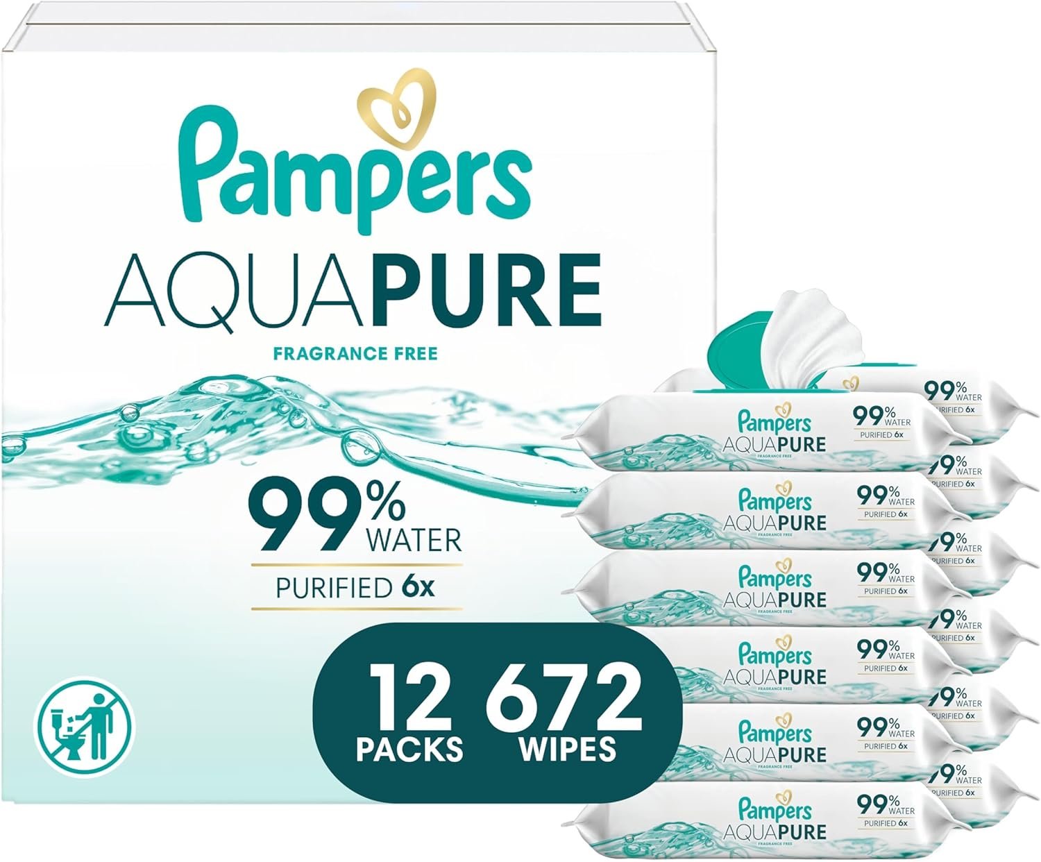 Pampers Aqua Pure Baby Wipes, 99% Water, Fragrance Free, Unscented, Water Based, Multi-Use, 672 Wipes Total (12X Flip-Top Packs) [Packaging May Vary]