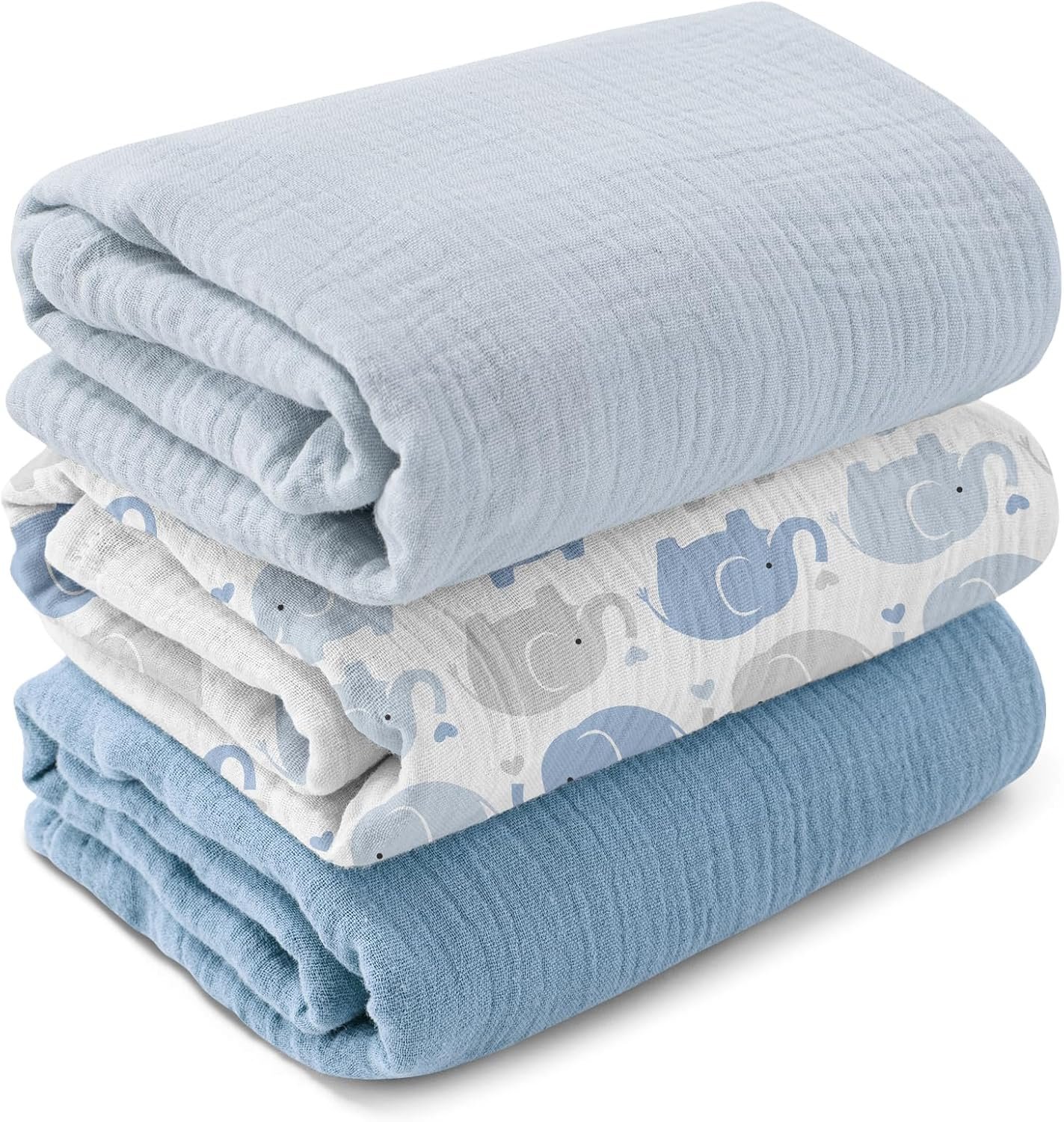 GLLQUEN BABY Muslin Swaddle Blankets,3-Pack Receiving Blankets for Newborn Boys and Girls,Baby Swaddle Blanket Unisex, Elephant,Baby Essentials, Registry & Gift, 40 x 38 inches