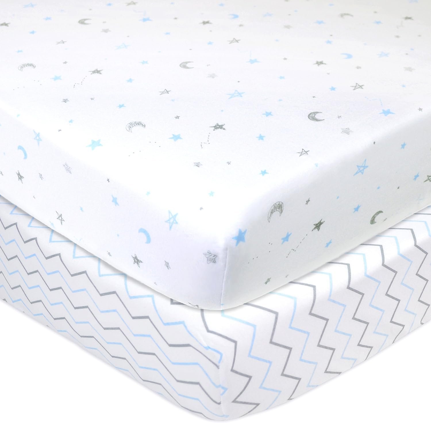 American Baby Company 2 Pack 100% Natural Cotton Fitted Crib Sheets 52" x 28" - Soft, Breathable, Hypoallergenic & Gentle Toddler Bed Sheets, Blue Star/Blue Zigzag, Neutral for Boys & Girls