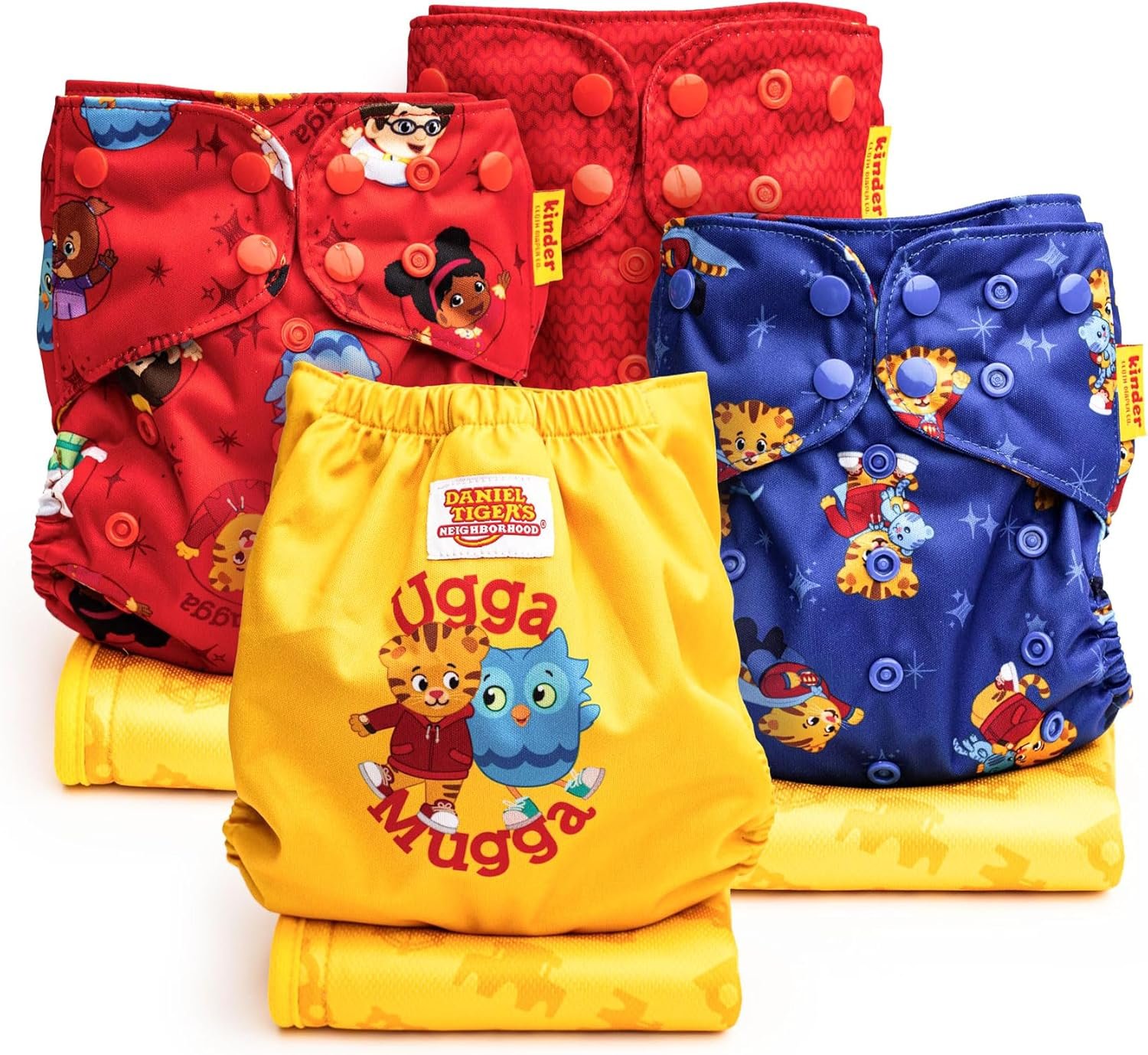 Daniel Tiger's Neighborhood Kinder Cloth Diapers Set of 4 Reusable Baby Diapers Pocket Style Athletic Wicking Jersey, Cotton Bamboo Viscose Blend Bookfold Inserts, Newborn to Potty Training 7-60lbs