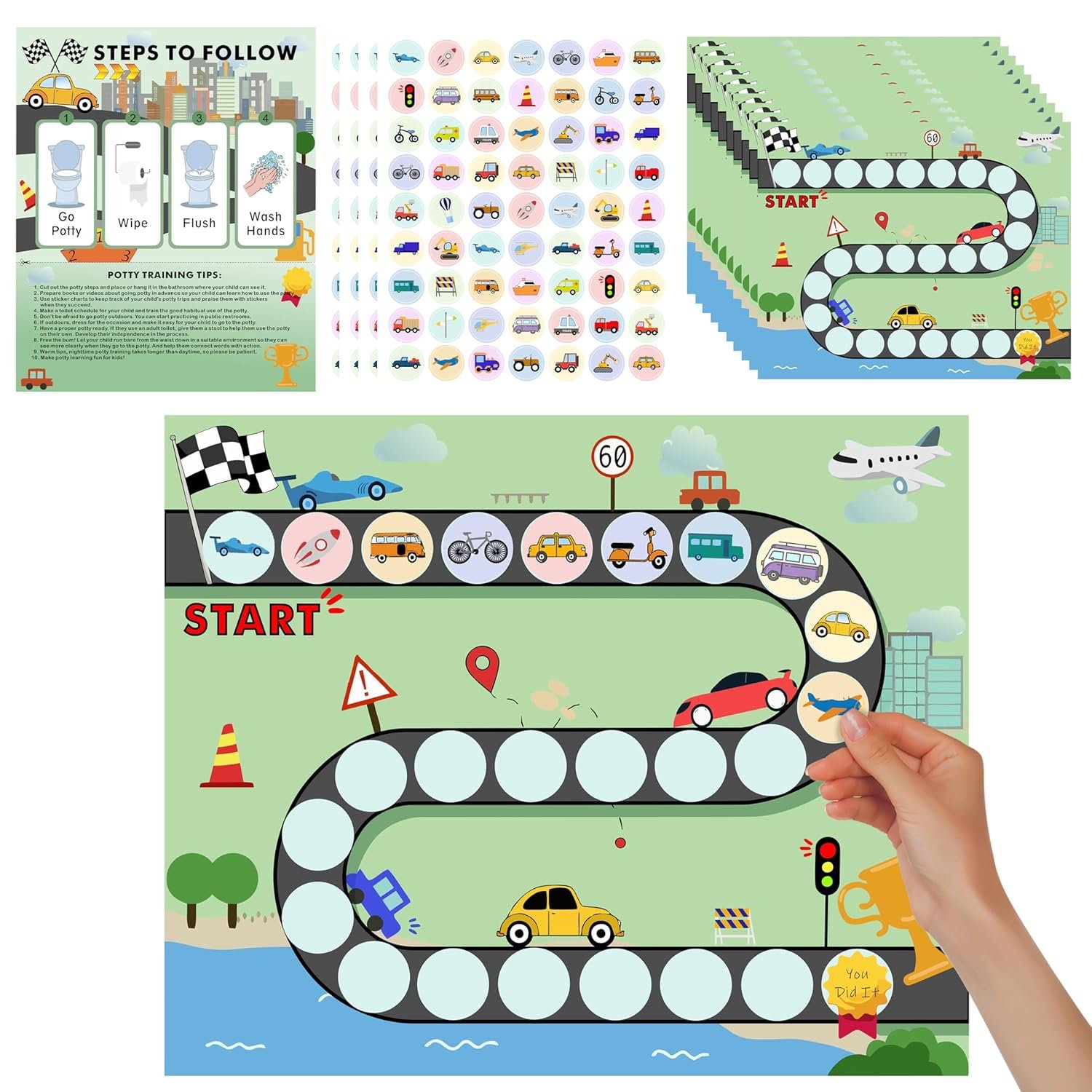 15PCS Cars Potty Training Chart - Race Car Transportation Themed Potty Training Reward Chart with Stickers for Toddlers Girls Boys, Vehicle Sticker for Kids Going Toilet Potties Trained