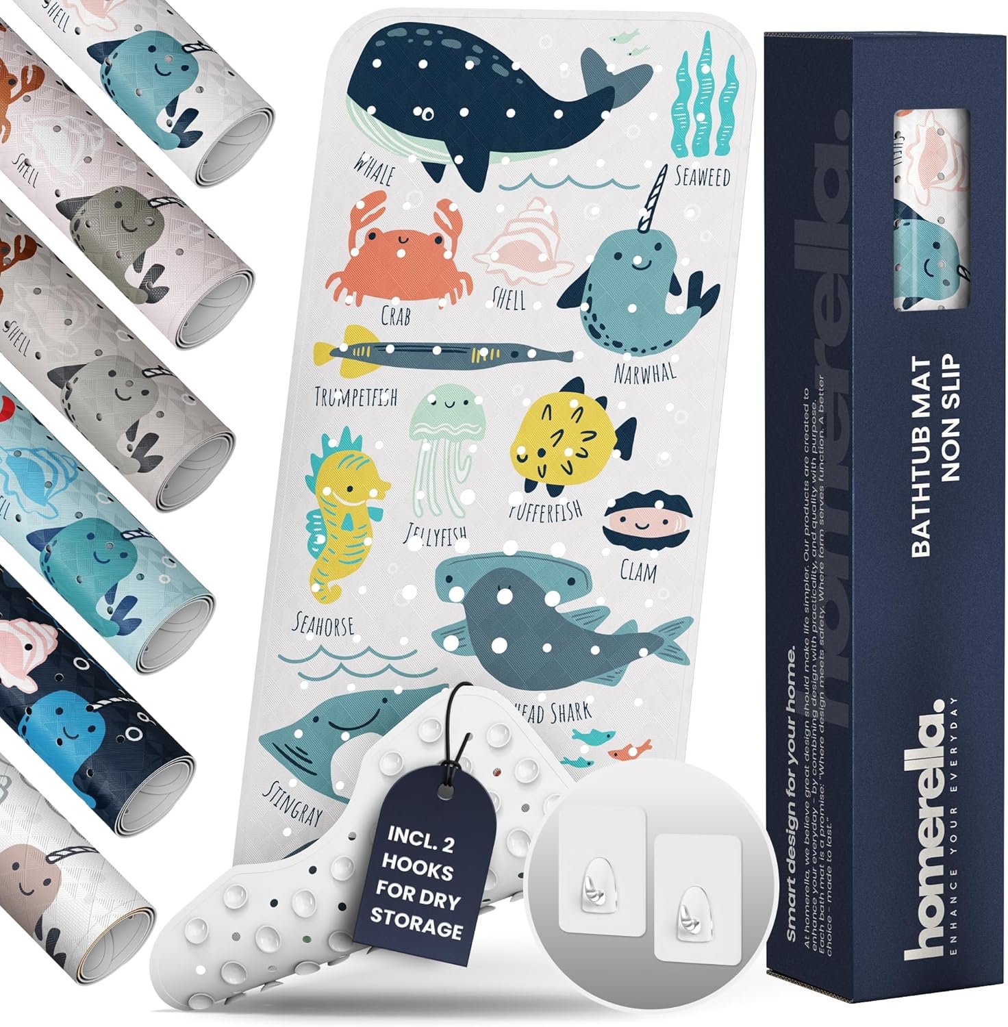 Bath Tub Mat Non Slip Anti Mold for Kids BPA Free INCL Hooks - homerella® Ocean Sea Animals 40x16, Baby Bath Mat Non Slip 200 Suction Cups, Non Toxic Machine Washable Toddler Bath Mat, EU Certified