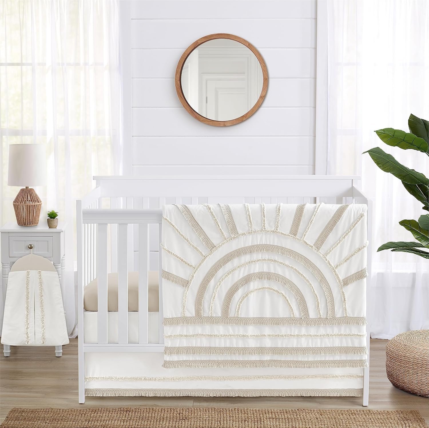 Sweet Jojo Designs 4-Piece Baby Crib Bedding Set (Boho Chic Sun Cotton) for Boys or Girls, Infants/Nursery incl. Blanket, Fitted Sheet, Skirt, Diaper Stacker (Neutral, Modern Farmhouse, Ivory, Shabby)