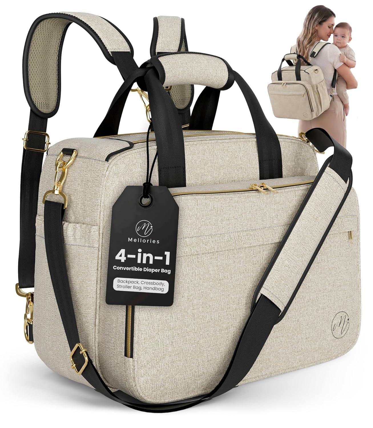 Mellories 4 in 1 Convertible Diaper Bag Tote for Baby Boys and Girls - Converts into Diaper Backpack, Baby Tote, Stroller and Crossbody Diaper Bag - Beige Baby Travel Bag - Gift for Mom