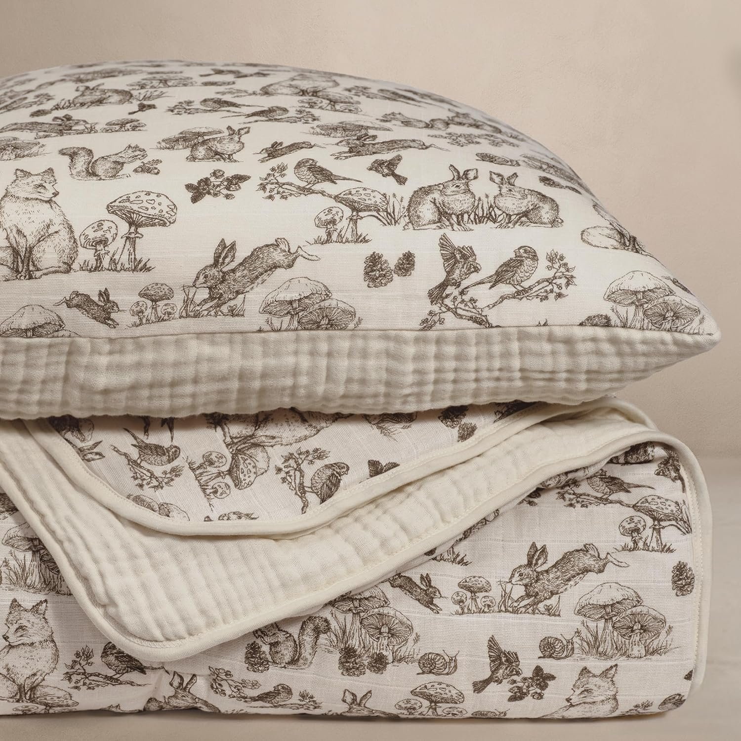 Oilo Woodland Crib Bedding Set, 5-Layer Organic Cotton Muslin Crib Quilt & Sham, Forest Animal Nursery, Rabbit Fox Bird, Toddler Comforter 45x60, Reversible, Neutral Eggshell
