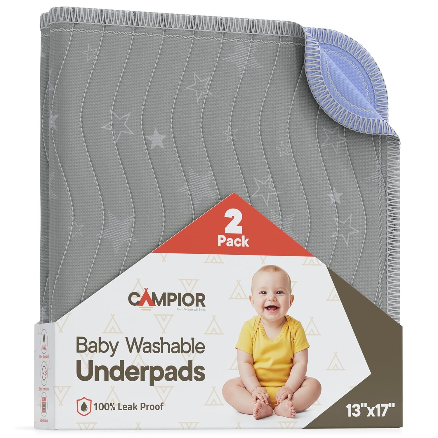 Washable Underpads Small 17"x13" (Pack of 2) – Reusable Waterproof Bed Pad for Babies & Kids, Extra Absorbent Bedwetting Protection, Soft Non-Slip TPU Backing, Machine Washable, Grey