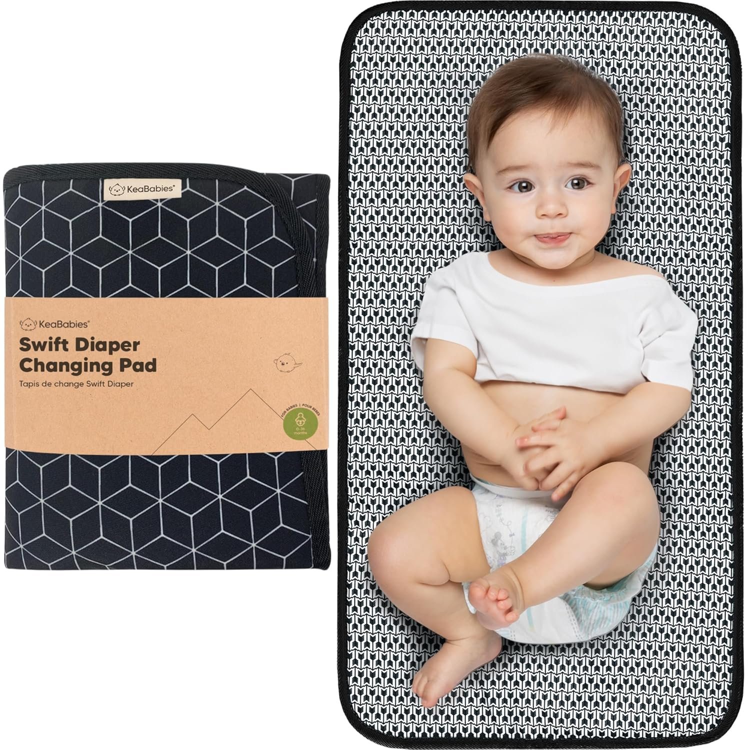 KeaBabies Portable Diaper Changing Pad, Easy Wipe Clean - Foldable Waterproof Baby Changing Mat for Diaper Bag, Compact, Lightweight, 25x13 Newborn, Infant, Baby Changer Travel Essential (Black Geo)