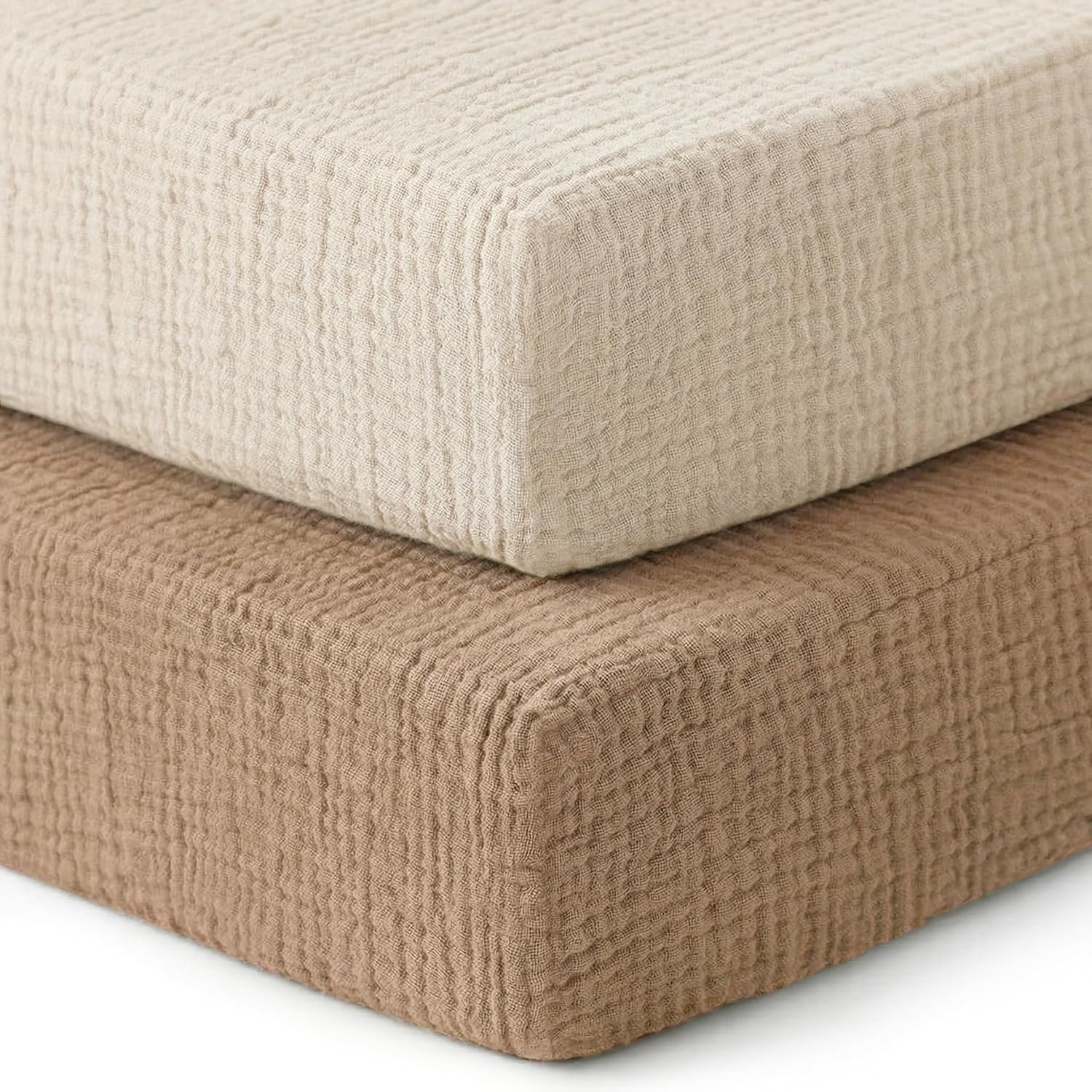 Pro Goleem Muslin Crib Sheets, 100% Cotton Crib Sheets for Boy Girl, 2 Pack Breathable Soft Neutral Baby Bed Sheets Set, Fits Standard Crib Mattress & Toddler Mattress 52"x28", (Brown＆Beige)