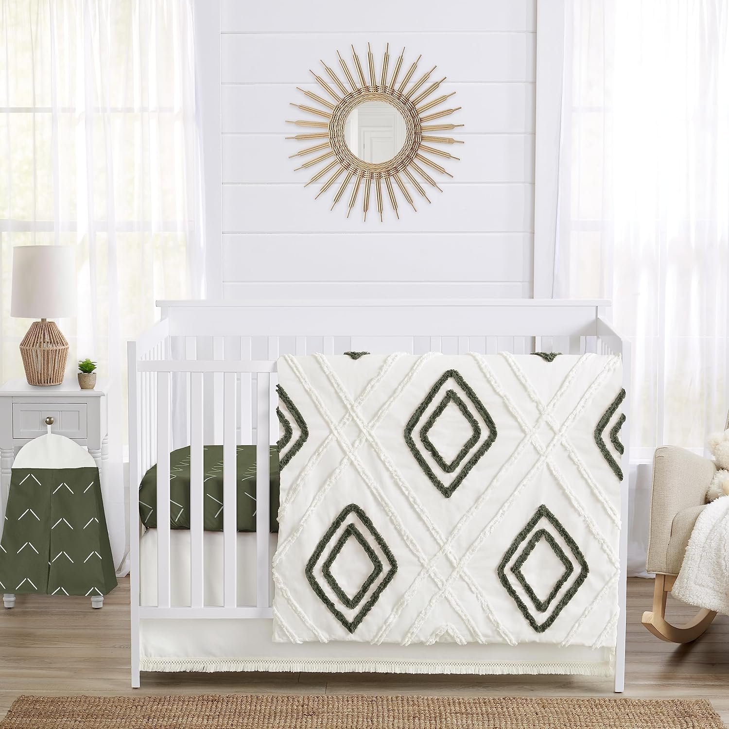 Sweet Jojo Designs 4-Piece Baby Crib Bedding Set (Boho Chic) for Boys or Girls, Infants/Nursery incl. Cotton Blanket, Fitted Sheet, Skirt, Diaper Stacker (Sage Green, Gender Neutral, Unisex Farmhouse)