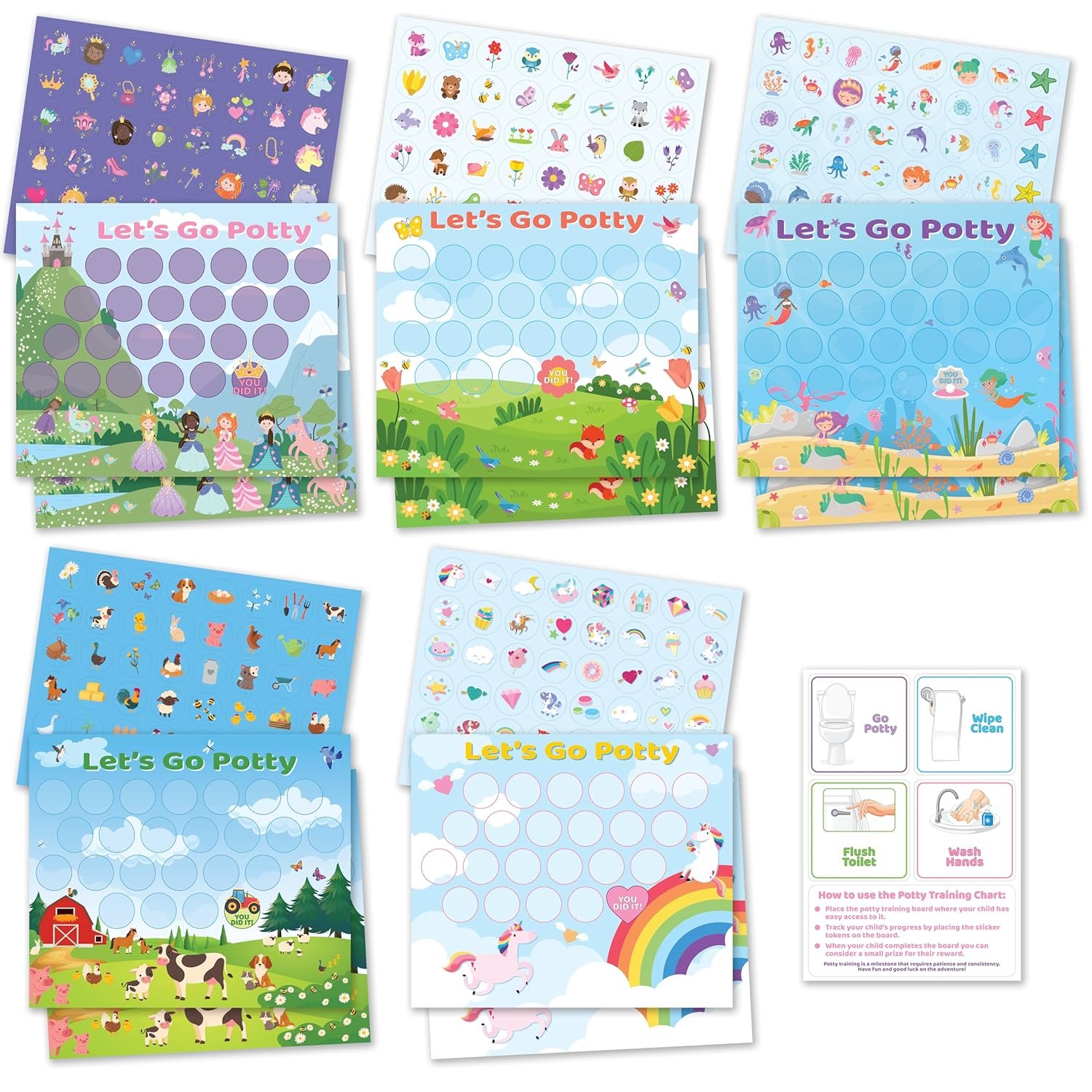 Bright Seed 16 PCS Potty Training Chart, Potty Training Chart for Toddler Girls, Sticker Chart for Kids, Potty Training Sticker Chart for Toddlers, 10 Sheets 12x10 Inches Paper Chart, 240 Stickers