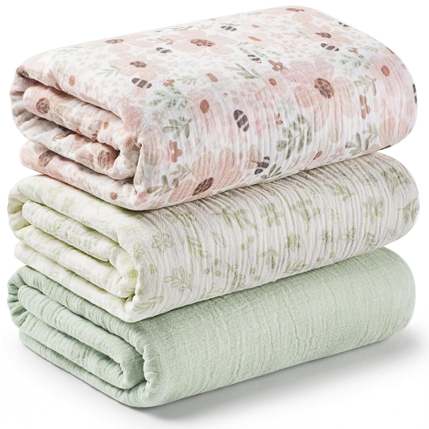3-Pack Muslin Swaddle Blankets for Newborns Boy,Girl – 47x47 Large Cotton Muslin Baby Blanket, Nursery Swaddling, Neutral, Soft, Breathable, Light Infant Baby Receiving Cover (Flora Vale, Regular)