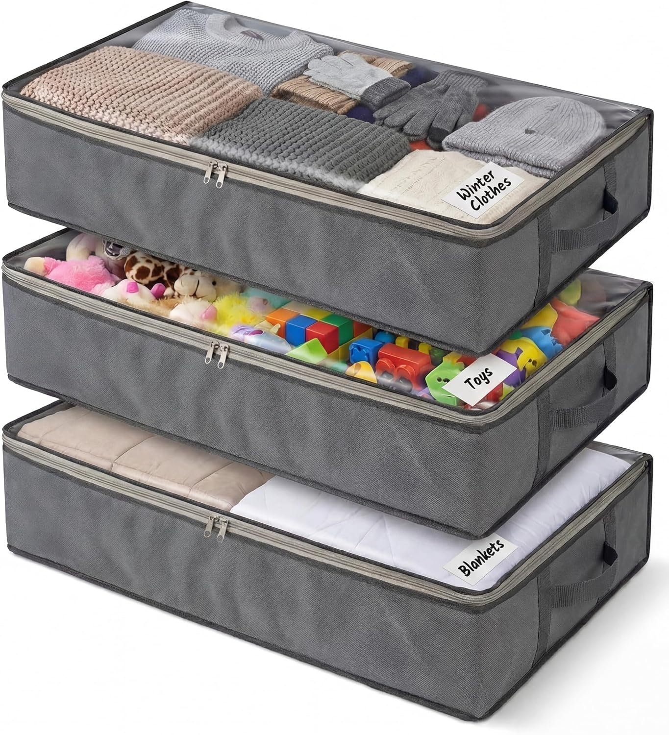 NeatNestly SmartCube Under Bed Storage Bags - 3 Pack Large 39" x 18" x 6" Gray Containers with Reinforced Handles, Foldable Underbed Storage Organizer for Clothing, Blankets & Shoes