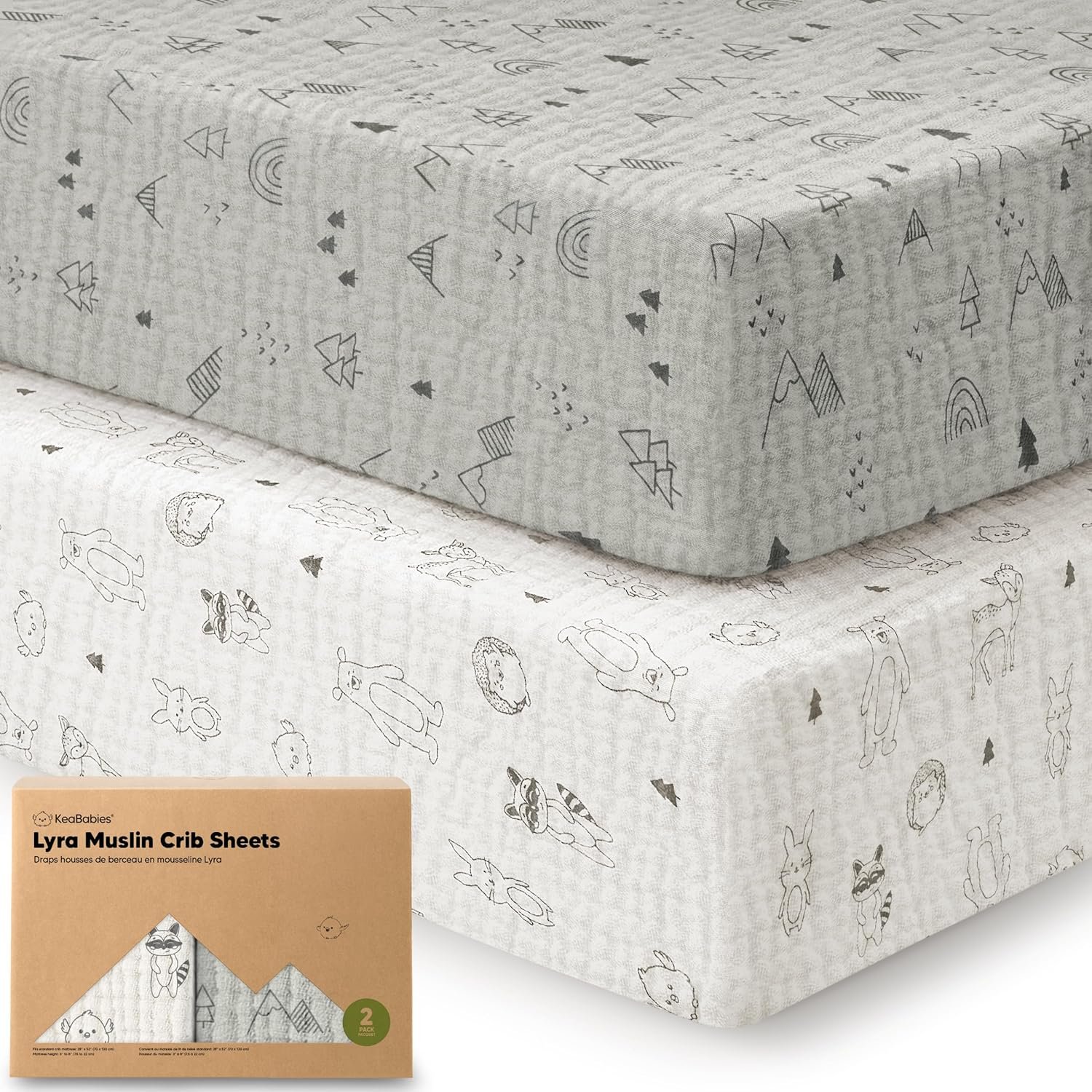 KeaBabies 2-Pack Muslin Crib Sheets for Boys, Girls - 100% Organic Cotton Fitted Baby Crib Mattress Sheet, Soft Breathable Standard Toddler Bed Cover Bedding Set, Neutral, Durable 52x28 (Woodland)