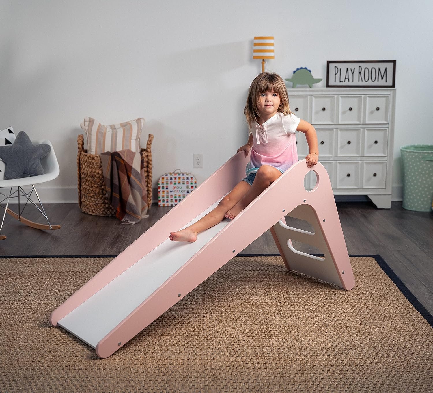 Avenlur Toddler Playground Wooden Indoor Slide for Kids - Transform Any Living Space Into The Perfect Playroom or Gym. Climbing Wood Slide for Babies, Toddlers, and Children Ages 18mo - 4 Years (Pink)