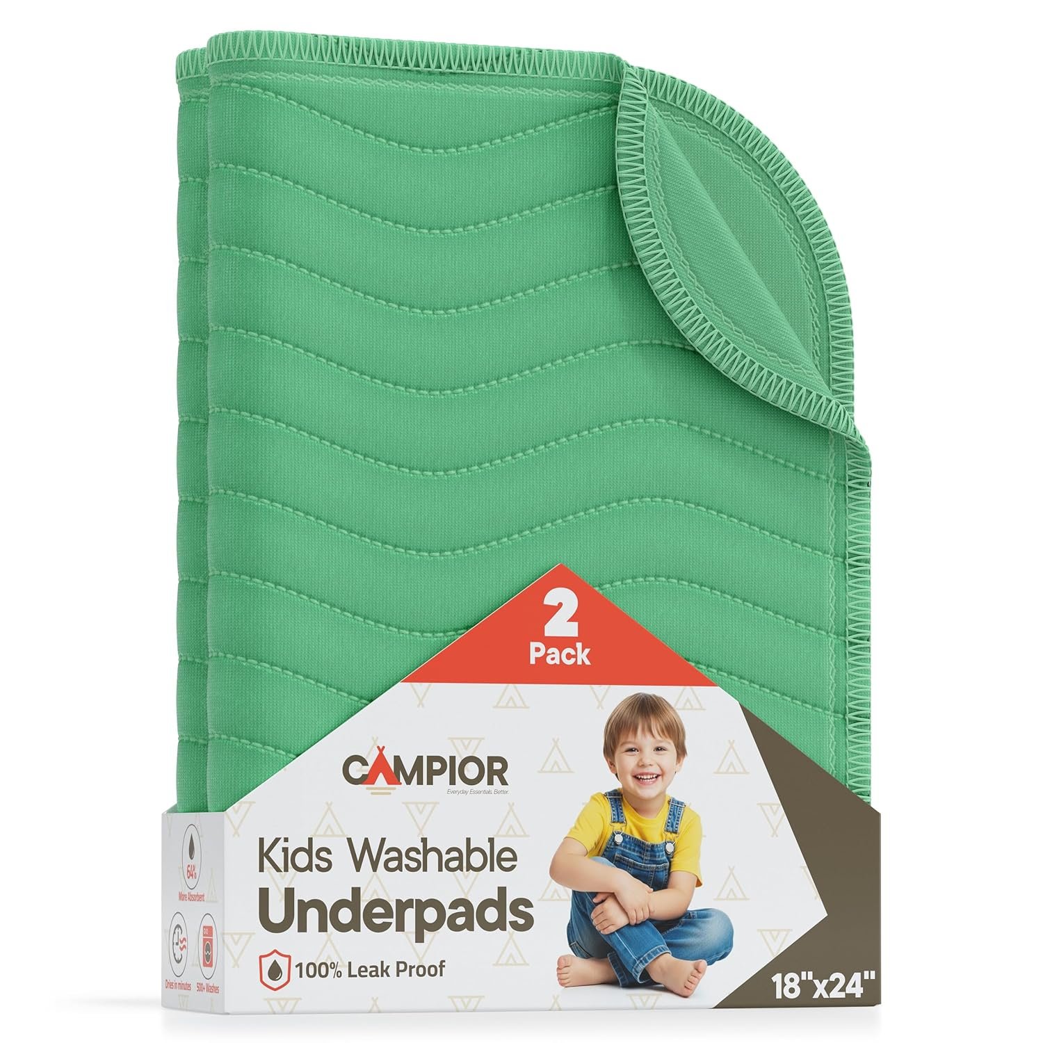 Washable Underpads Medium 18" x 24" (Pack of 2) - Reusable Waterproof Bed Pad for Babies and Kids Extra Heavy Absorbent Bedwetting Protection Soft Machine Washable, Green