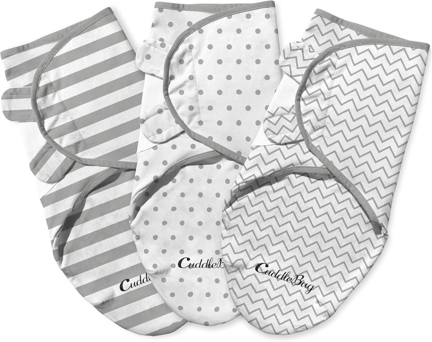 CuddleBug Swaddles for Newborns (3-Pack) - 100% Cotton Velcro Baby Swaddles 0-3 Months, Machine Washable Newborn Sleep Sacks, Snug Baby Swaddle Blanket (Spots & Stripes)