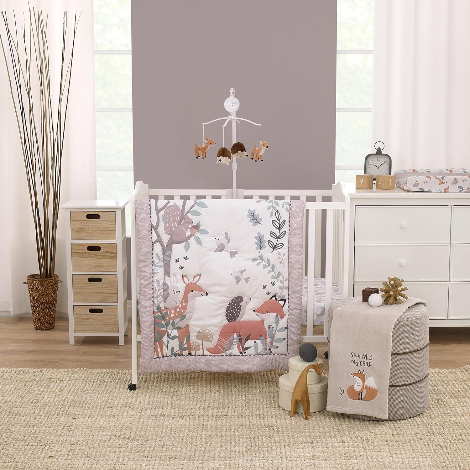 NoJo Little Love Woodland Meadow Taupe, Sage and White, Fox, Deer, and Hedgehog 3 Piece Nursery Mini Crib Bedding Set - Mini Comforter, and Two Fitted Mini Crib Sheets