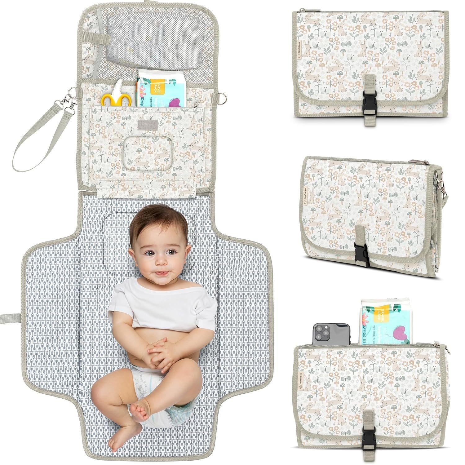 KeaBabies Portable Diaper Changing Pad, Travel, Car - Large Waterproof Baby Changing Mat, Wipeable, Padded, On The Go Travel Diaper Clutch Bag, Easy to Use Pockets for Newborn Essentials (Prairie)