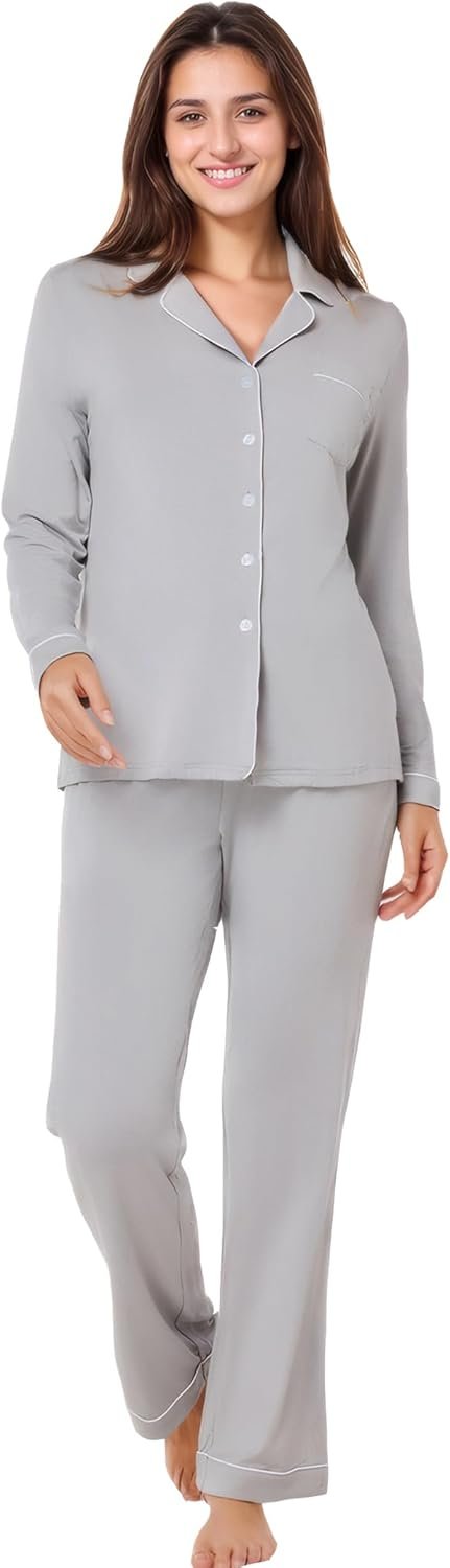 Women Long Sleeve Pajama Set Modal Button Down 2-Piece Pjs Pants Sleepwear Lounge Set
