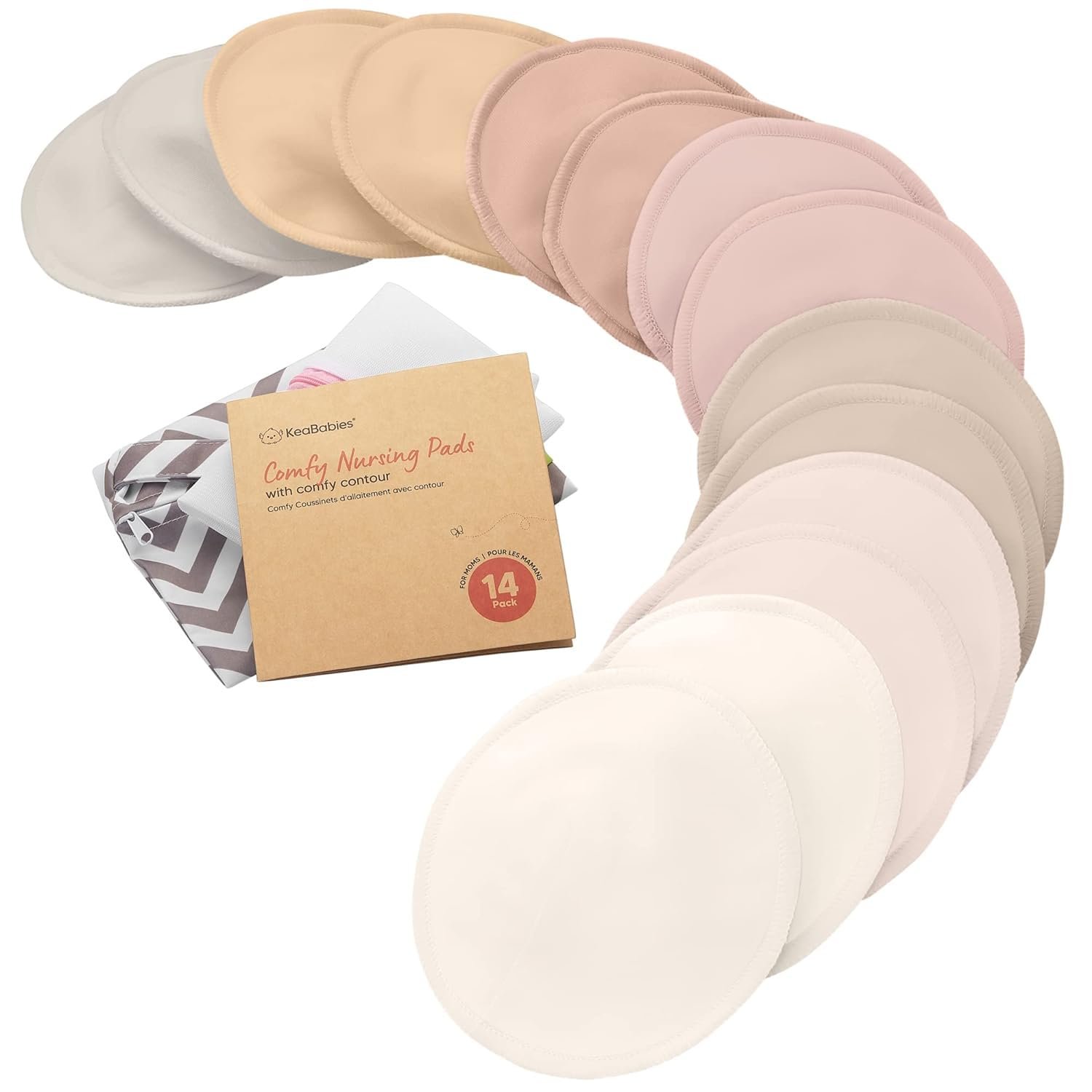 Organic Nursing Pads - 14 Washable Breast Pads for Breastfeeding, Wash Bag, Viscose Derived from Bamboo Reusable Nipple Covers for Breastfeeding Essentials, Soft & Absorbent (Neutrals, M 4.6")