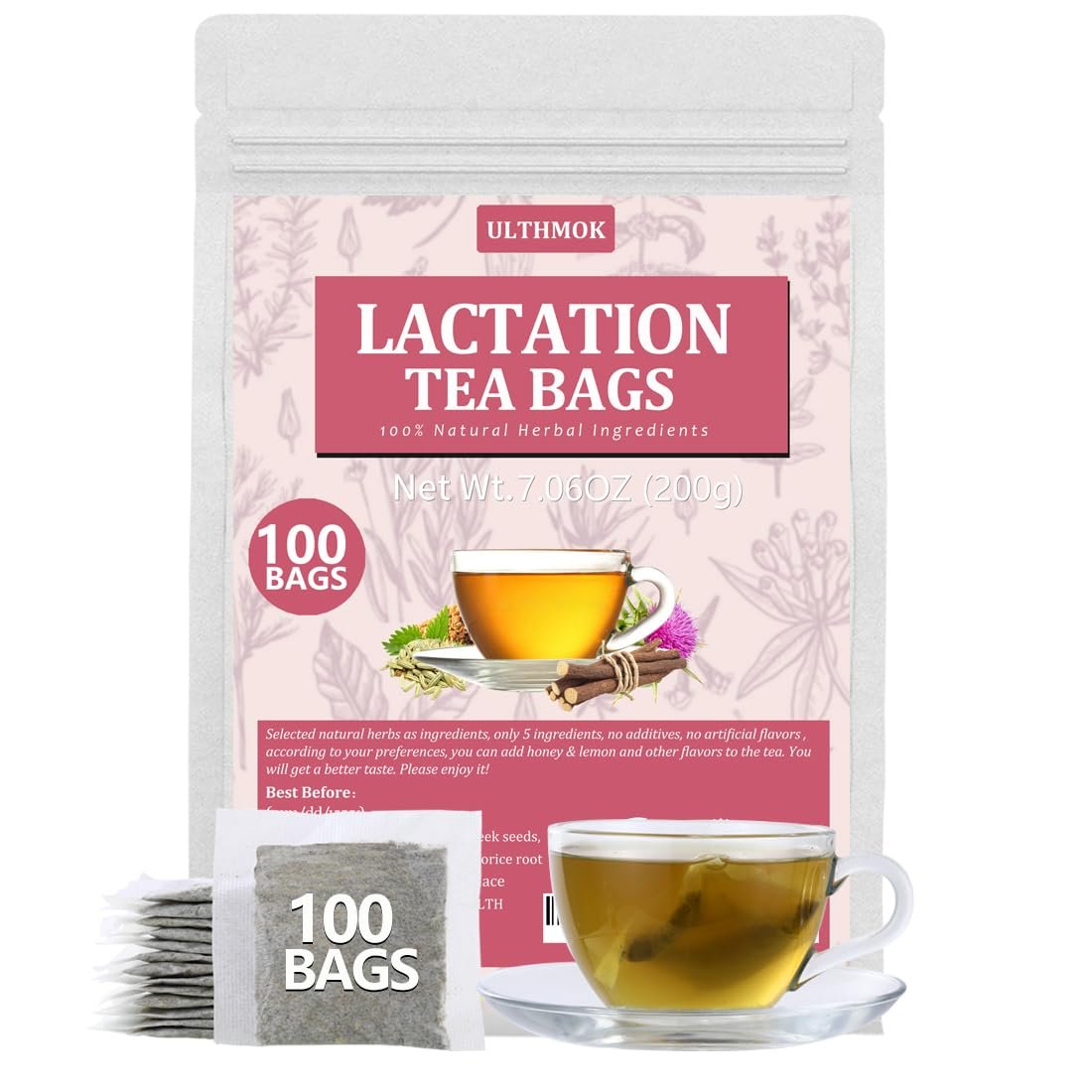 Premium 100 Lactation Support Tea Bags, for Mothers Nursing Milk & Mom Breastfeeding, Made with 5 Natural Herbs, Fenugreek, Milk Thistle, Fennel Seeds, Nettle Leaves, Licorice Root, No Artificial Flavors & Caffeine Free.