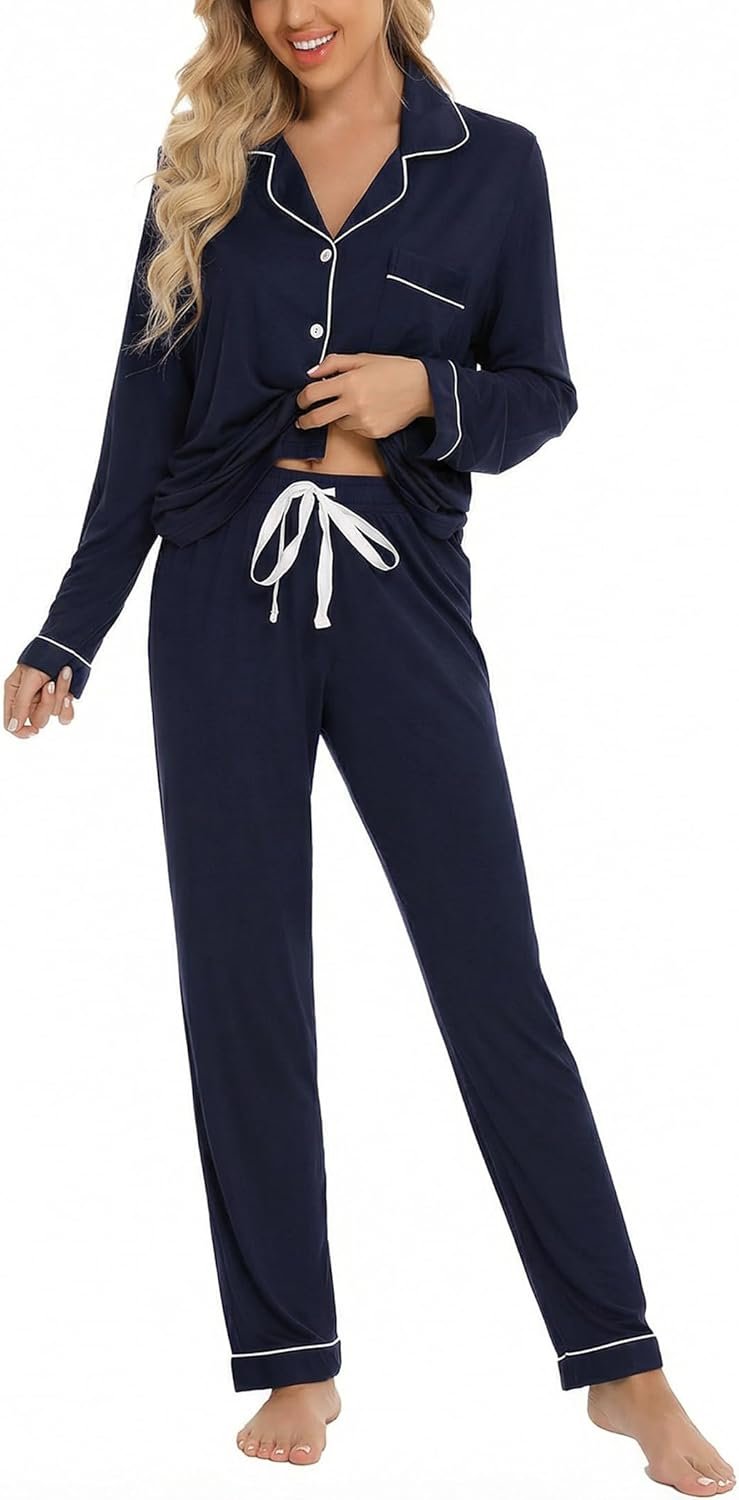 Leikar Button Down Pajamas for Women Soft Viscose Sleepwear Long Sleeve Pjs Set Nursing Postpartum Loungewear
