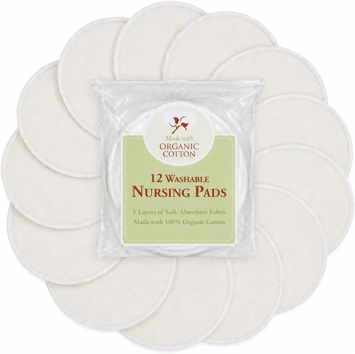 TL Care Nursing Pads Made with Organic Cotton - Soft, Breathable, Absorbent & Washable, Natural Color, 12 Count