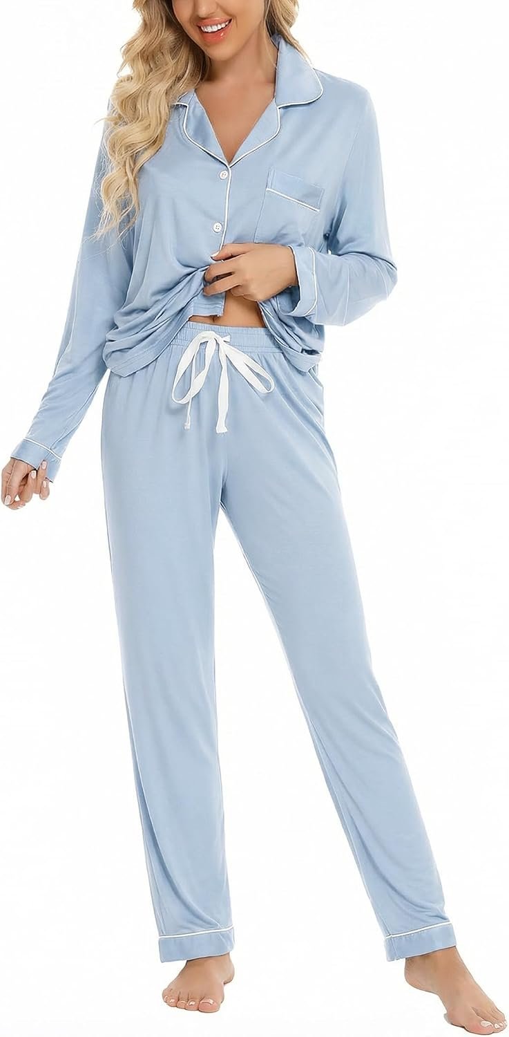 Leikar Button Down Pajamas for Women Soft Viscose Sleepwear Long Sleeve Pjs Set Nursing Postpartum Loungewear