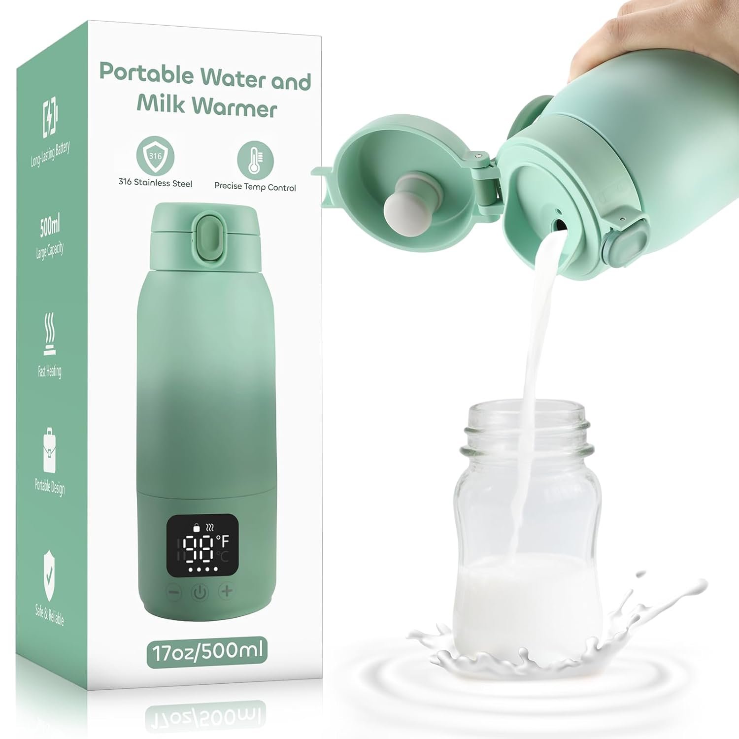 Portable Bottle Warmer for Travel, 17oz Portable Milk Warmer for Baby Fast Heating, 30W Fast Charge Precise Temperature Control Bottle Warmer On The Go Baby Milk Warmer for Breastmilk & Formula
