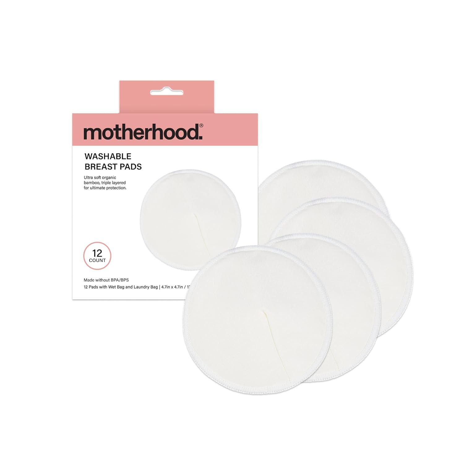 Motherhood Collection Washable Nursing Pads – Reusable Bamboo Breast Pads for Breastfeeding, Leak Proof & Ultra Absorbent, Soft & Discreet, Includes Wet/Dry Bag & Laundry Bag, 12 Pack
