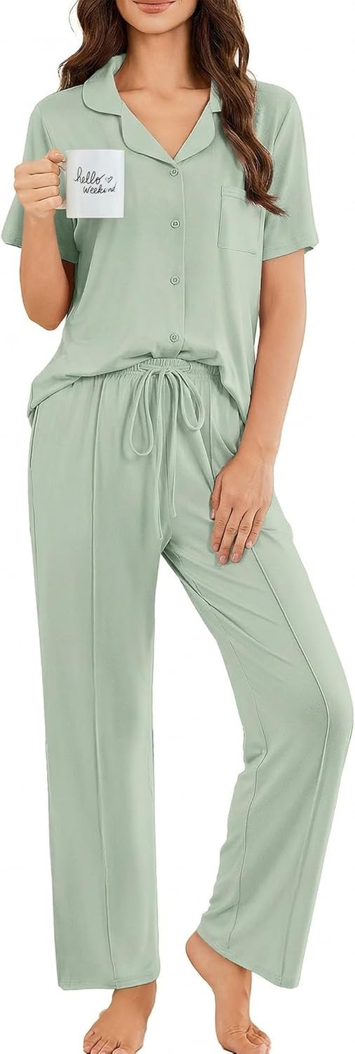 Ekouaer Pajamas for Women Set Button Up Sleepswear 2 Piece Short Sleeve PJ Top and Long Pants Loungwear With Pocket S-XXL
